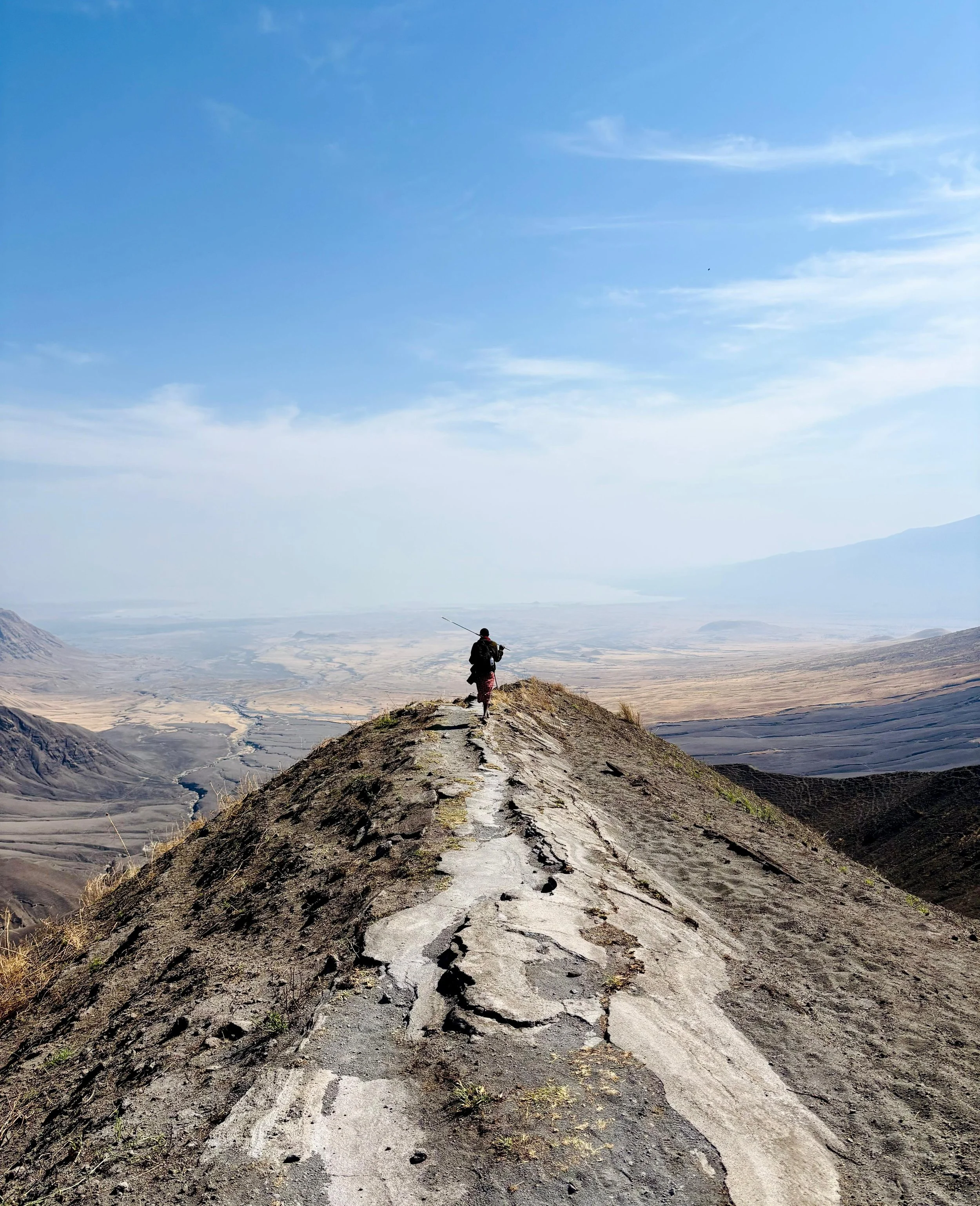 A person walking along a rugged, cracked mountain trail with a backpack, holding a walking stick, overlooking a vast desert landscape under a blue sky with some clouds.