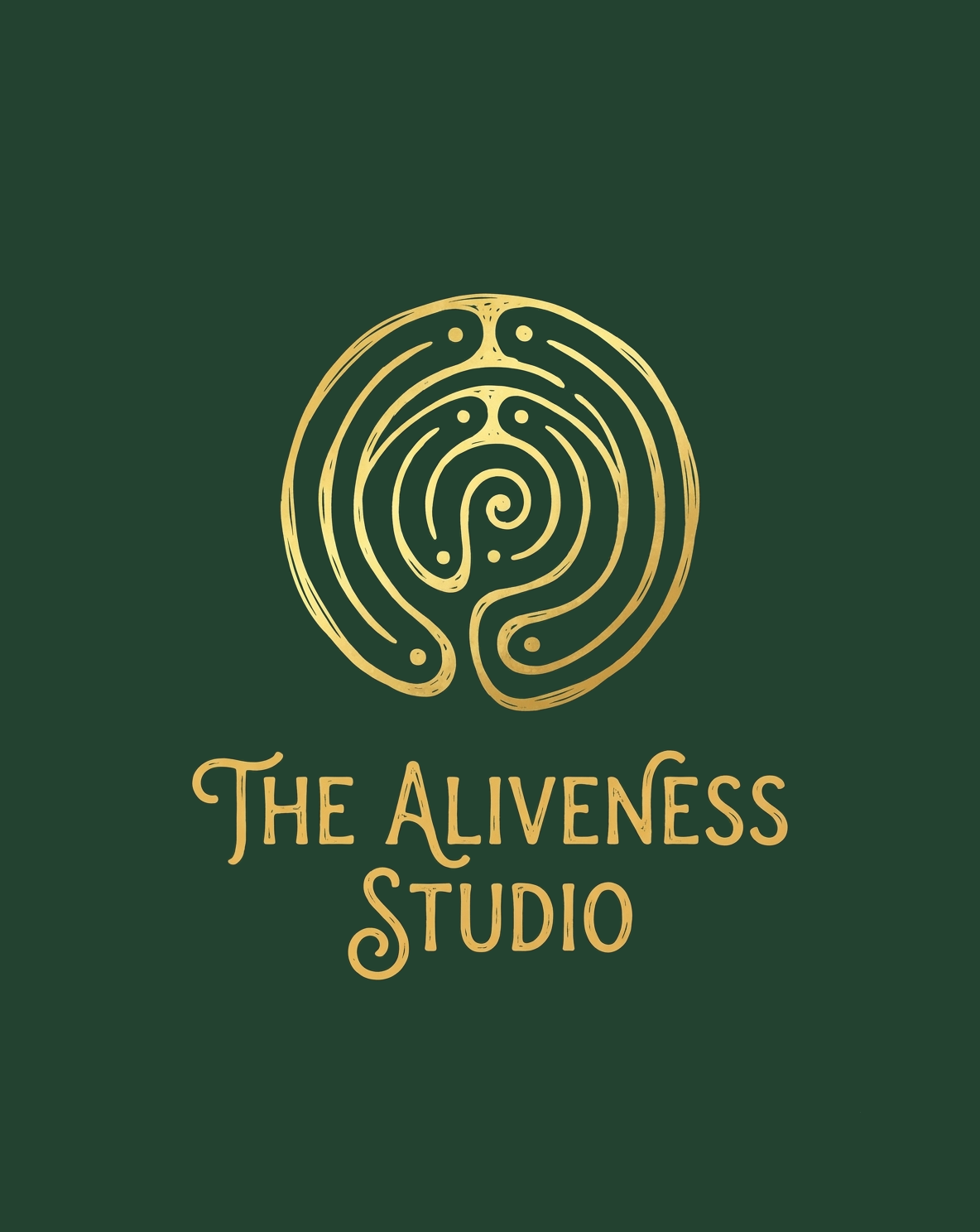 Logo for The Aliveness Studio featuring a spiral design in gold on a dark green background, with the studio's name below.