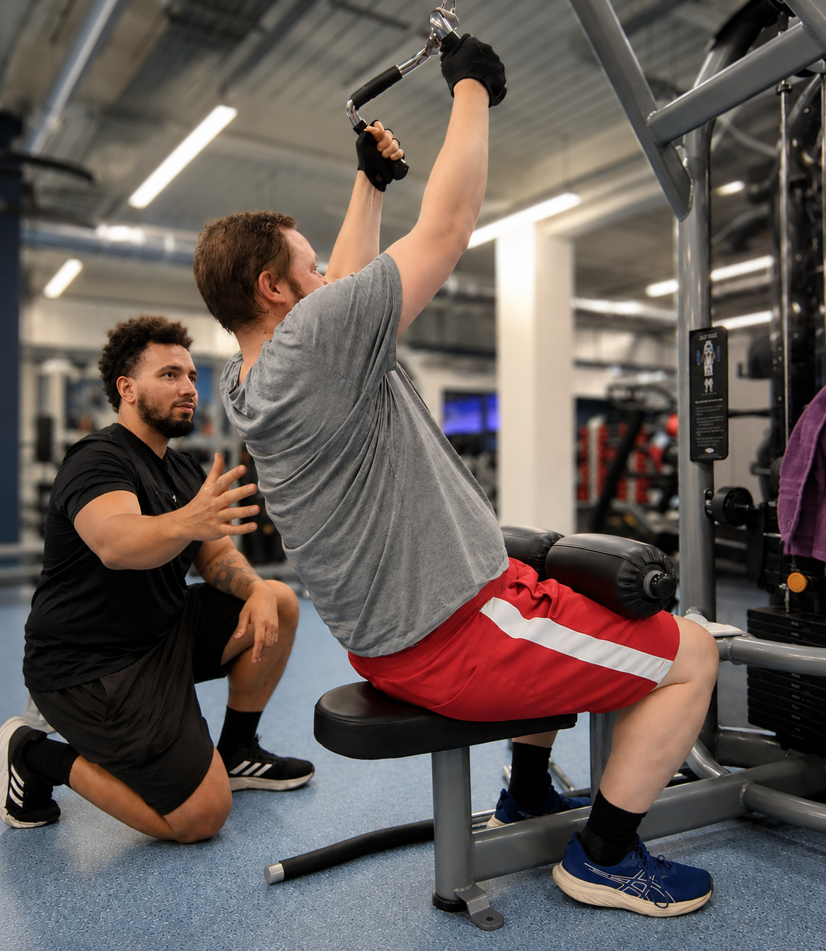 A man in a gray t-shirt and red shorts performs a seated lat pulldown exercise at the gym while a trainer kneels beside him giving instructions.