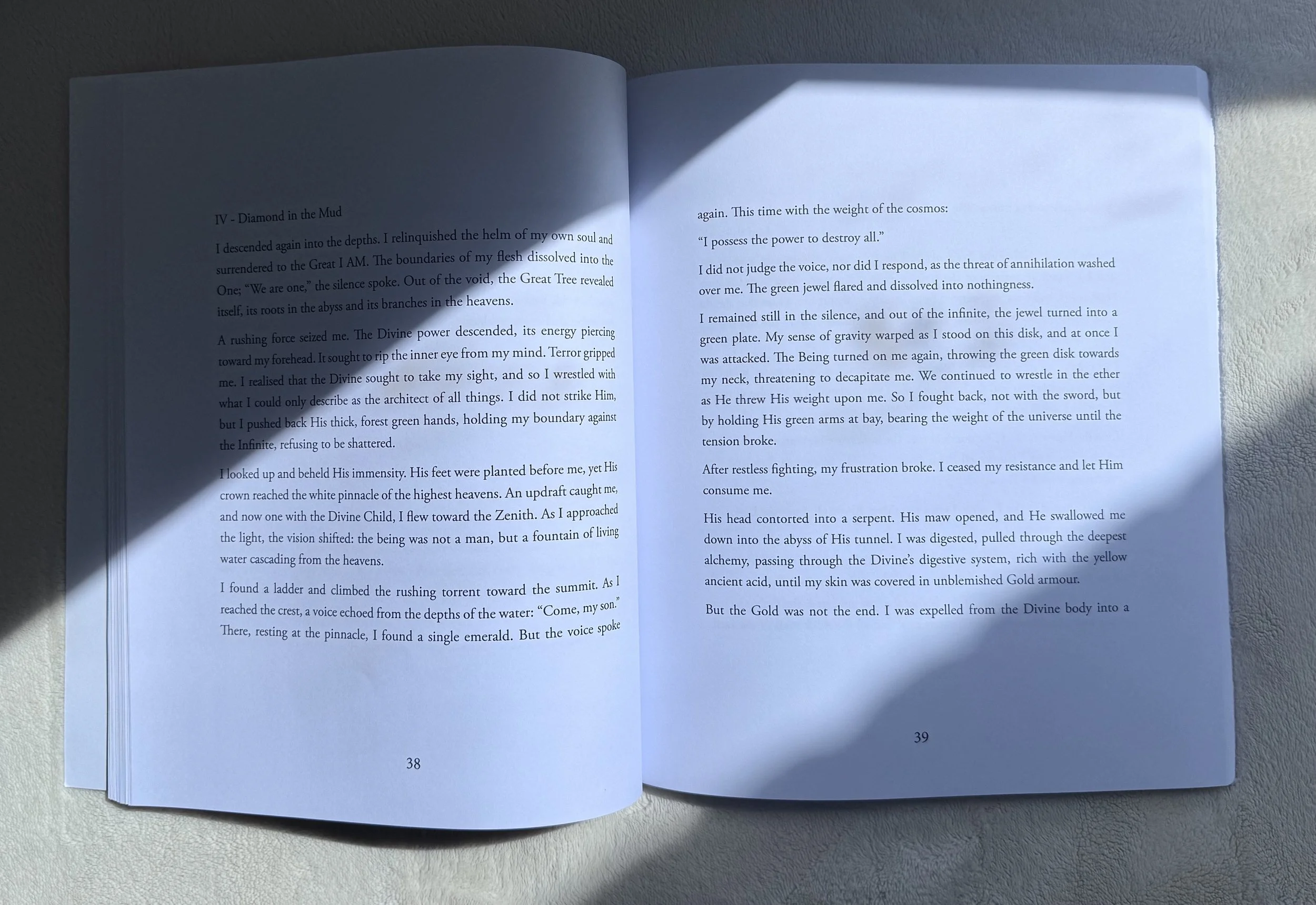 Open book with text on pages 38 and 39, illuminated by sunlight casting shadows.