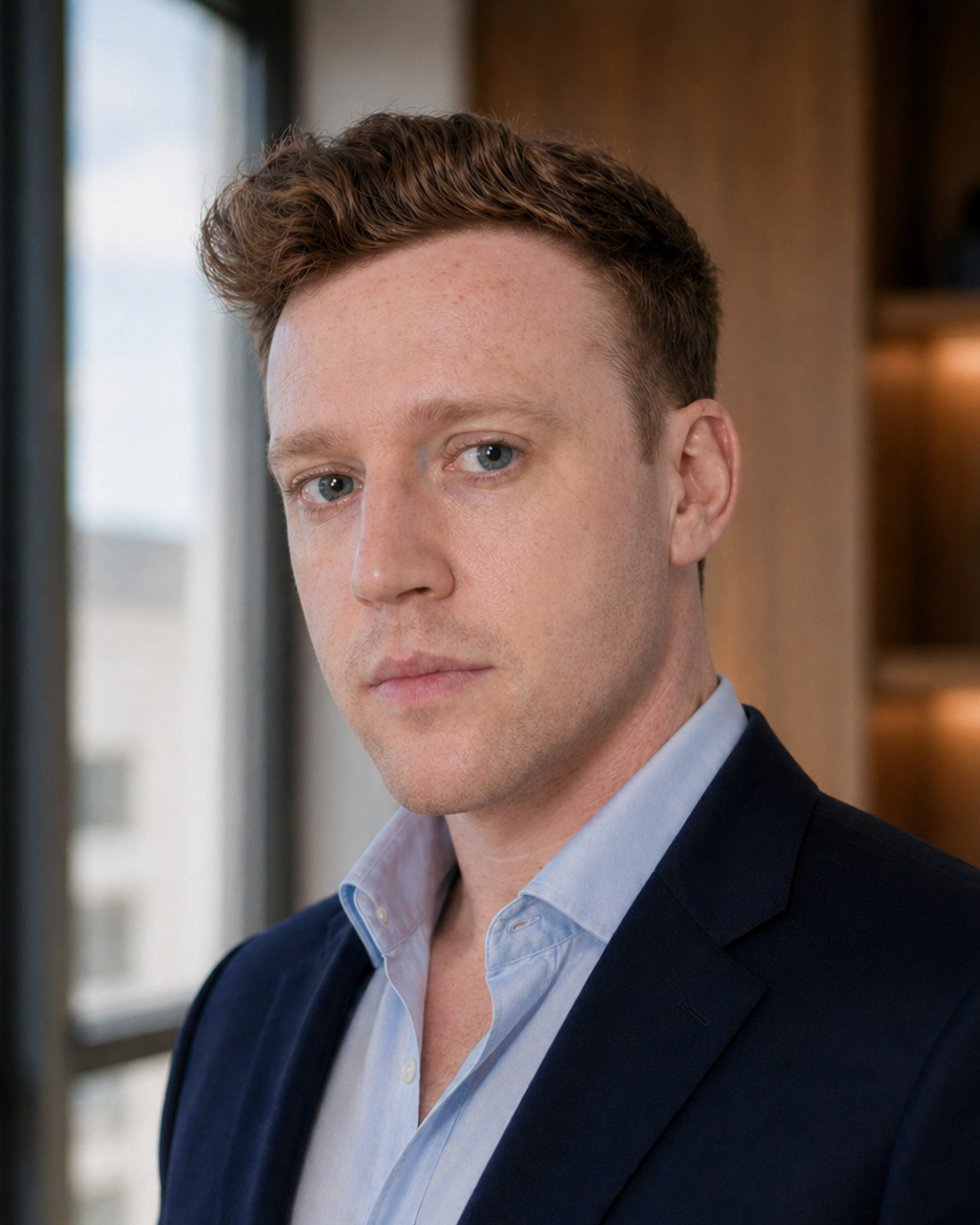 A man with short, wavy brown hair, wearing a light blue dress shirt and a dark navy blazer, looking directly at the camera with a serious expression, in a modern indoor setting with a window and wooden furnishings in the background.