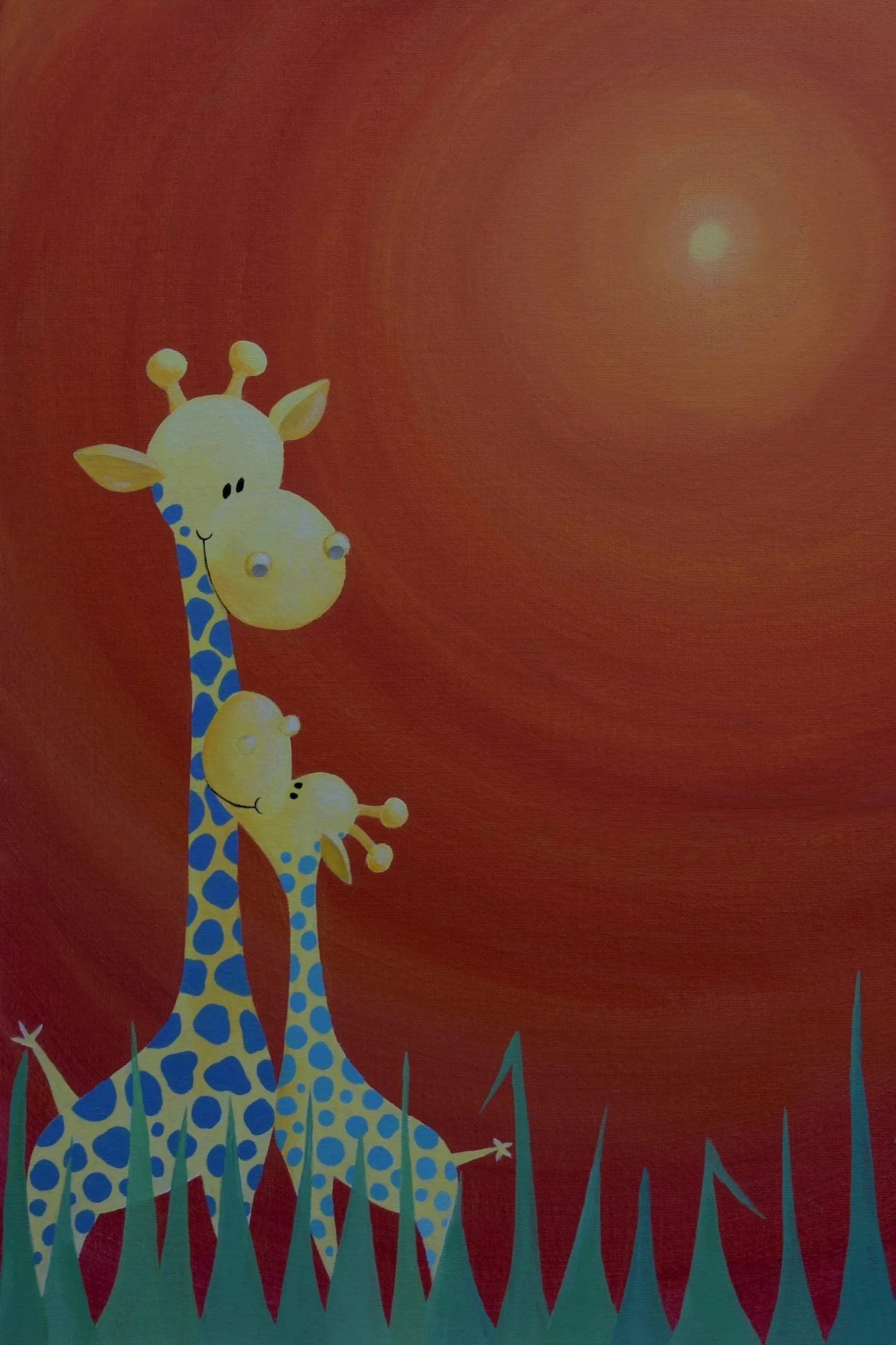 Warm-toned illustration of an adult giraffe and young giraffe standing affectionately together beneath the sun by Fiona Ison.