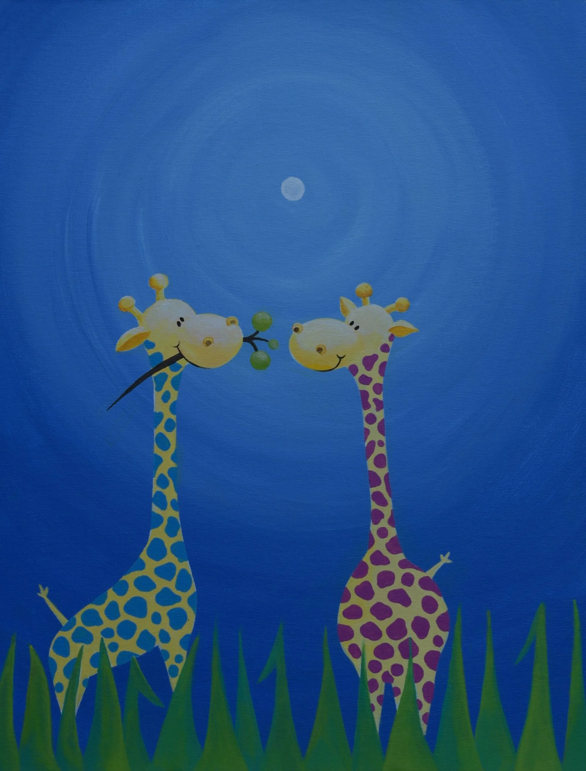 Colourful illustration of two giraffes sharing leaves beneath the moon by Fiona Ison.