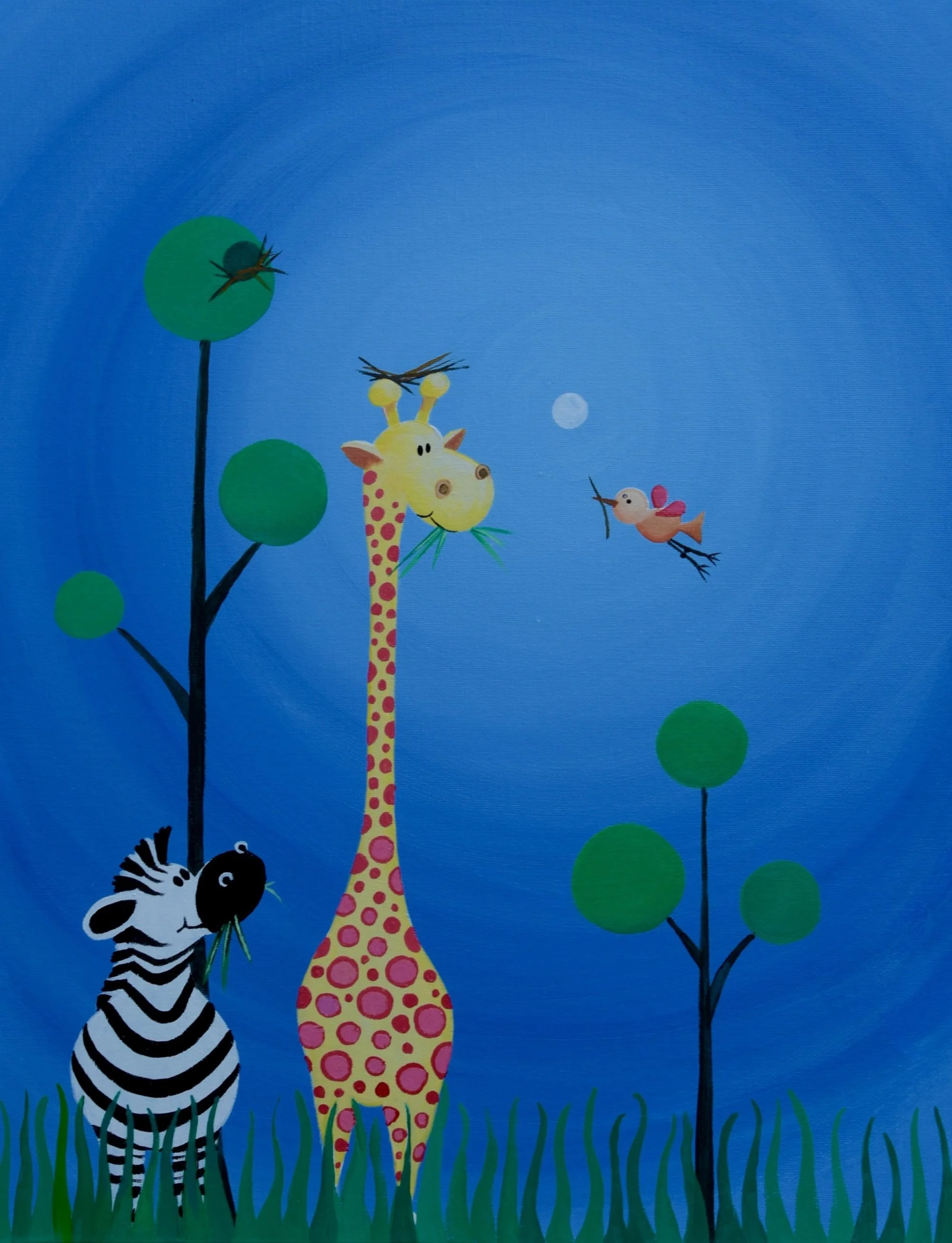 Colourful illustration of a zebra and giraffe beside a tree where a bird is nesting by Fiona Ison.