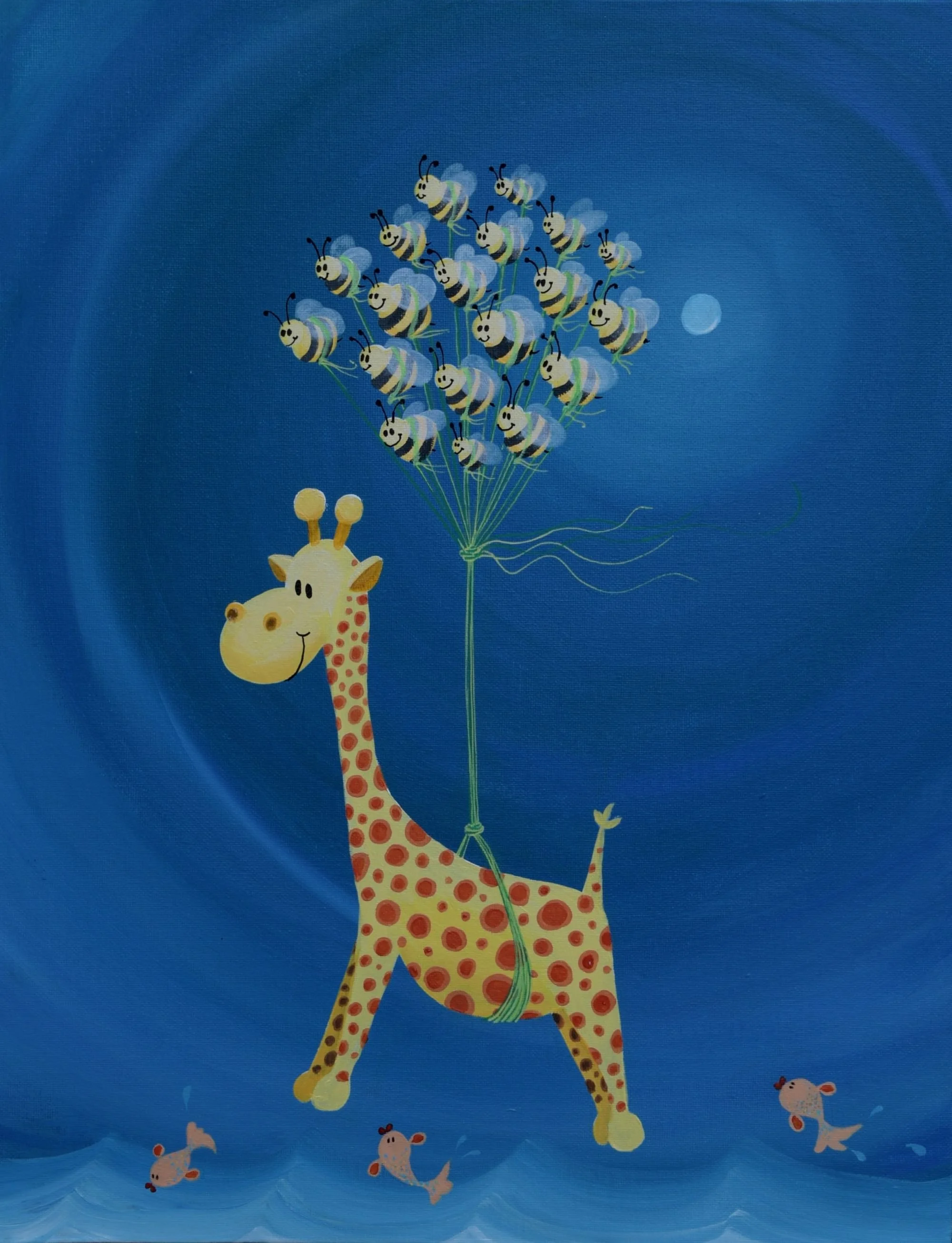Playful illustration of a giraffe being lifted into the night sky by a swarm of bees by Fiona Ison.