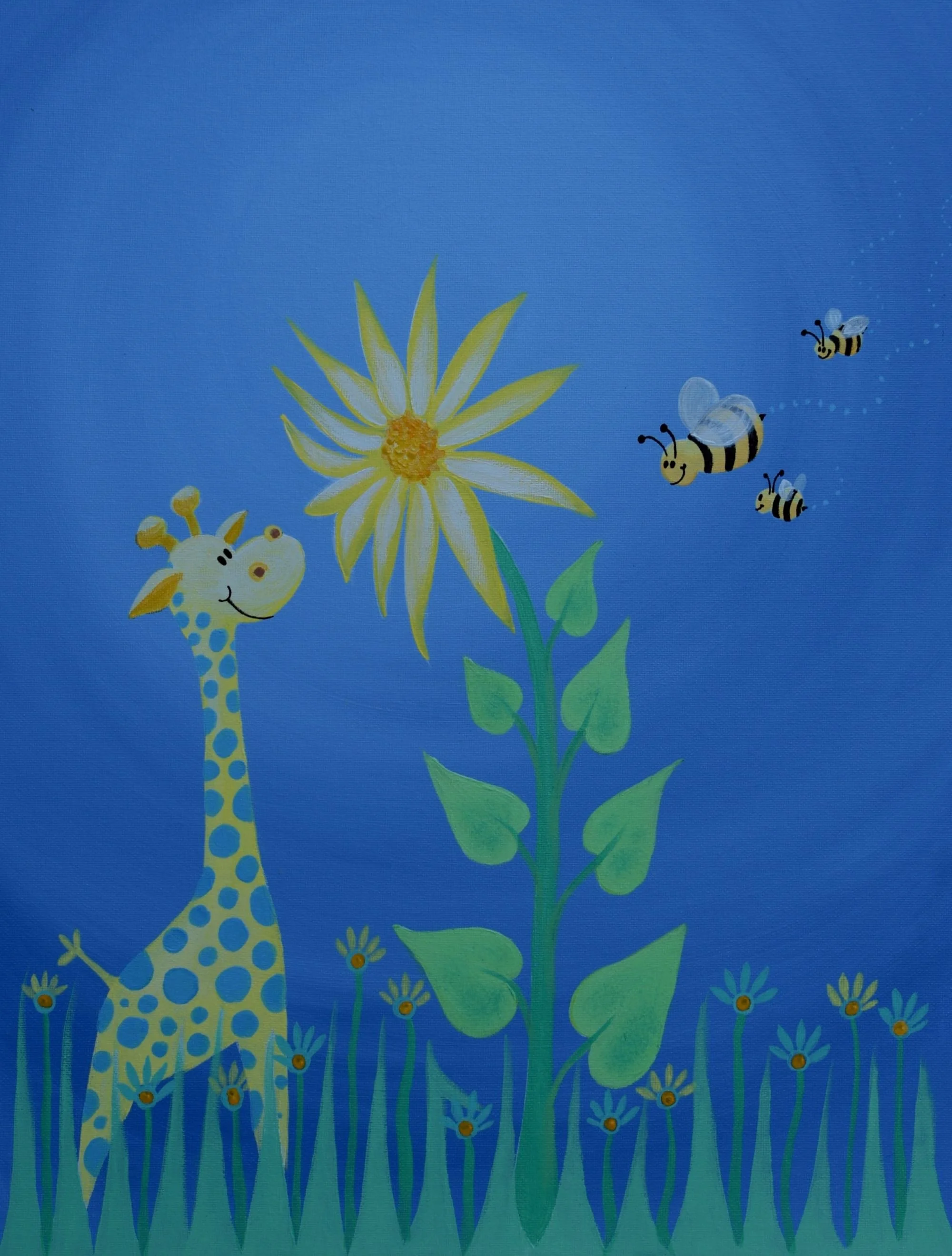 Colourful illustration of a giraffe beside a giant sunflower surrounded by bees by Fiona Ison.