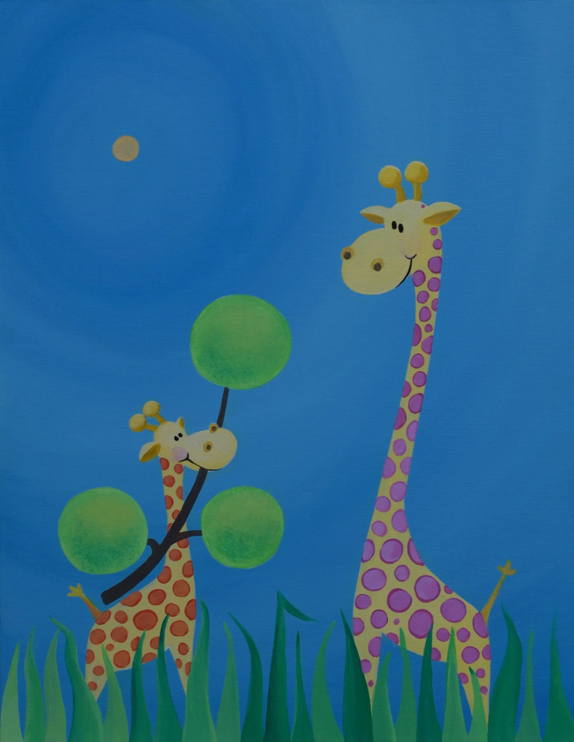 Gentle illustration of a young giraffe offering a gift to its parent by Fiona Ison.