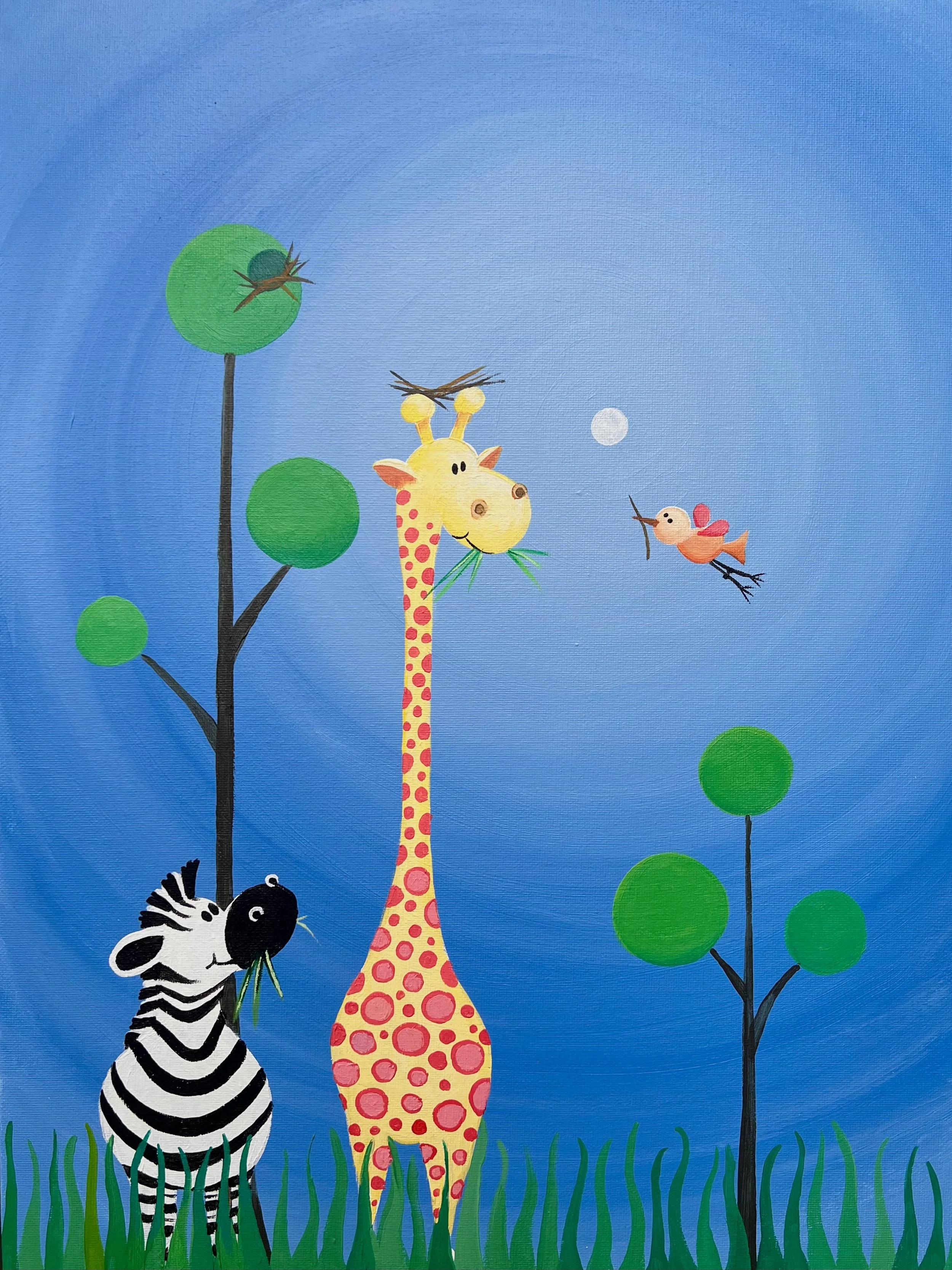 Colourful giraffe, zebra and bird wildlife illustration art print by Fiona Ison.
