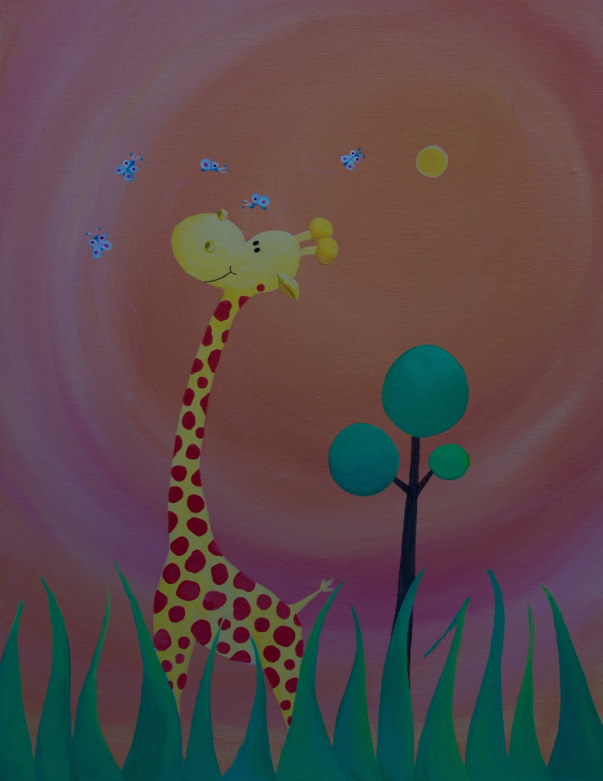 Whimsical illustration of a giraffe watching butterflies dance overhead by Fiona Ison.