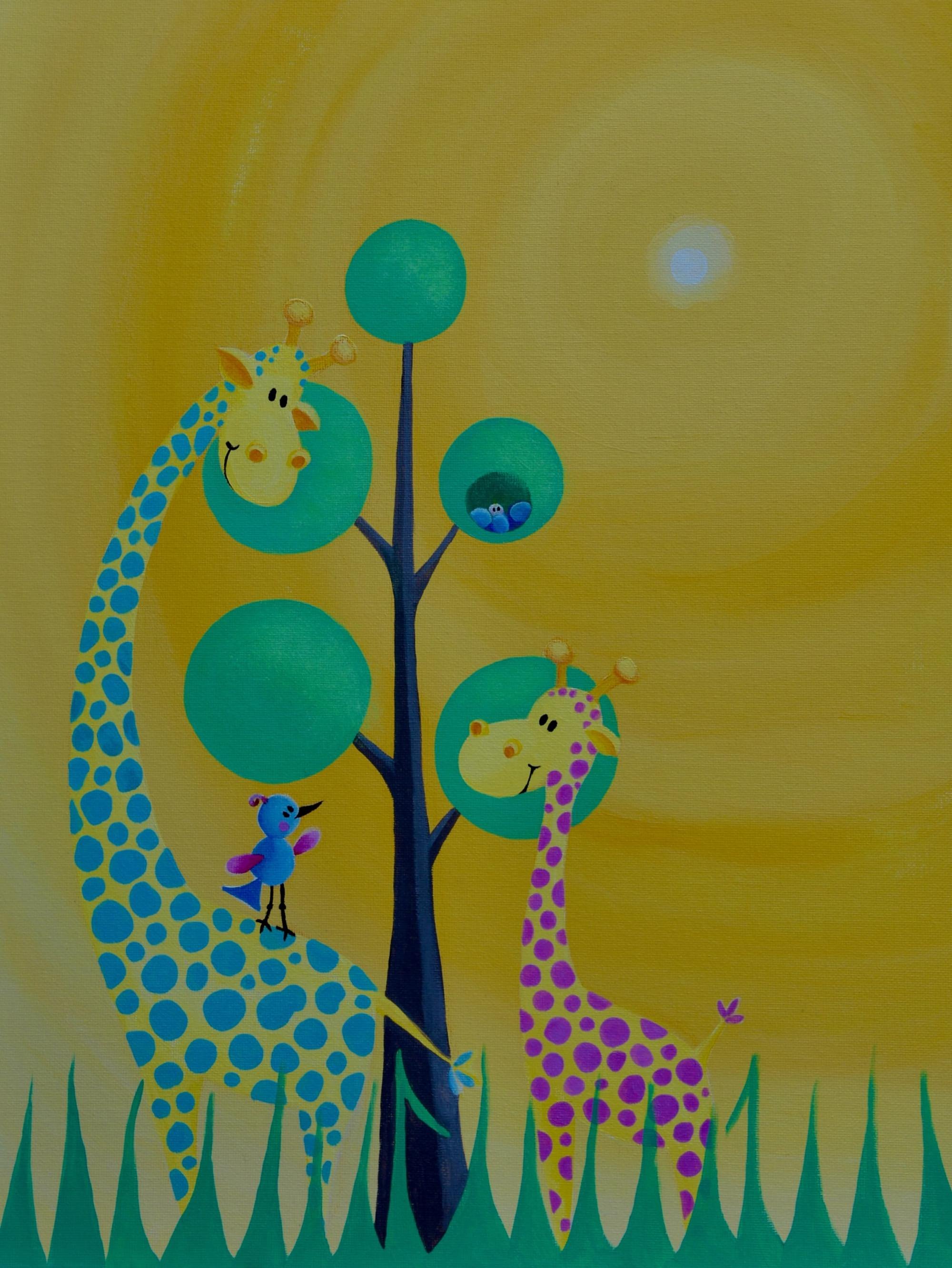 Colourful illustration of an adult giraffe and their youngster listening to a small bird by Fiona Ison.