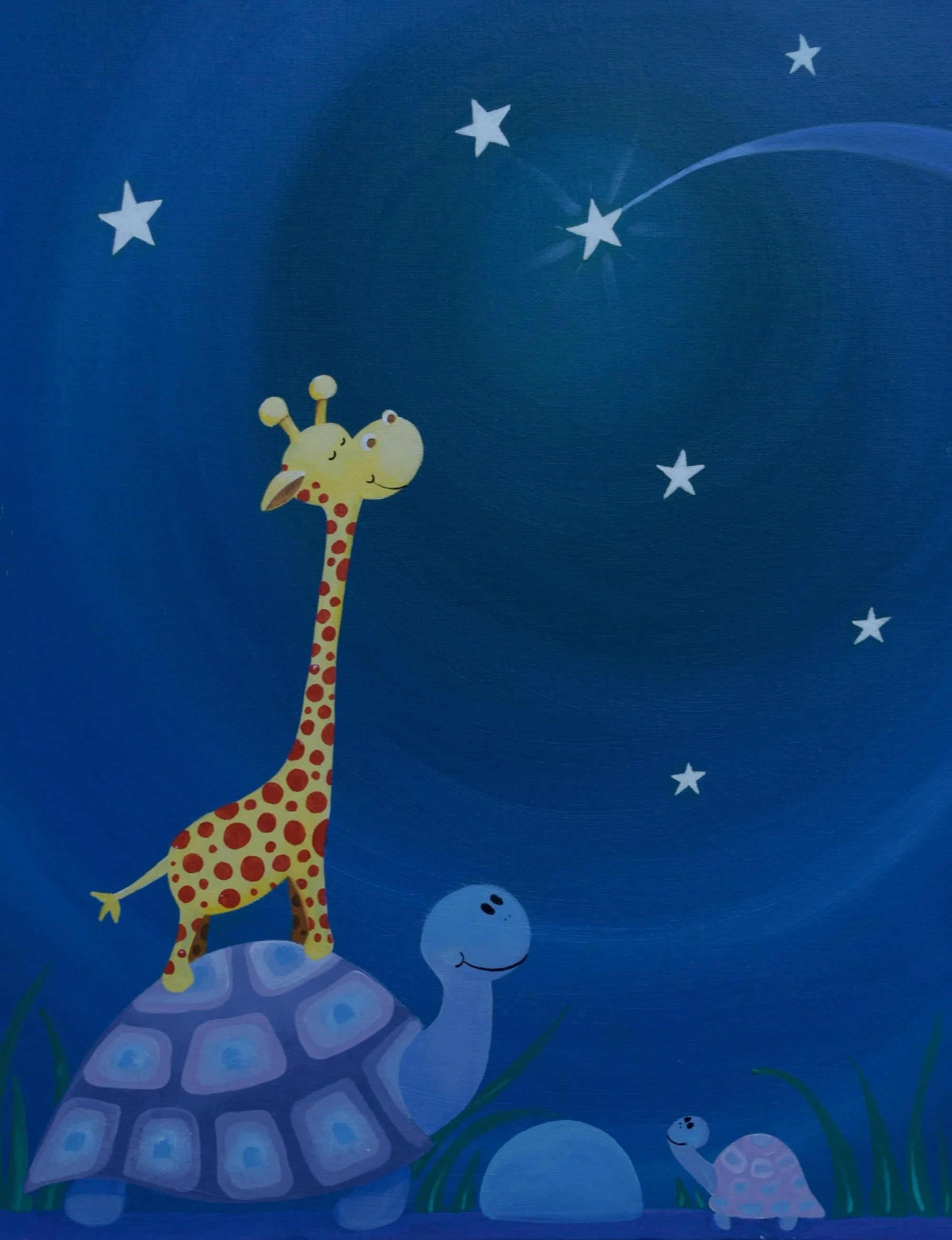 “Wish Upon a Star” — illustration of a giraffe and tortoise gazing at the stars by Fiona Ison.