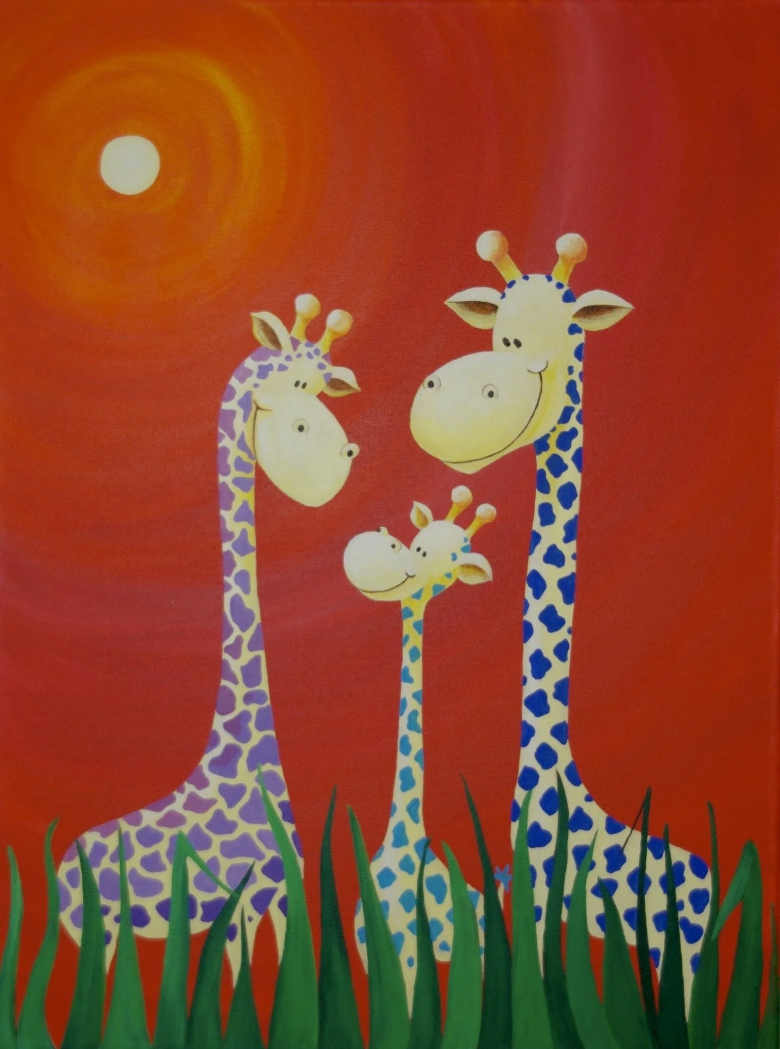 Warm, colourful illustration of a family of three giraffes standing together by Fiona Ison.