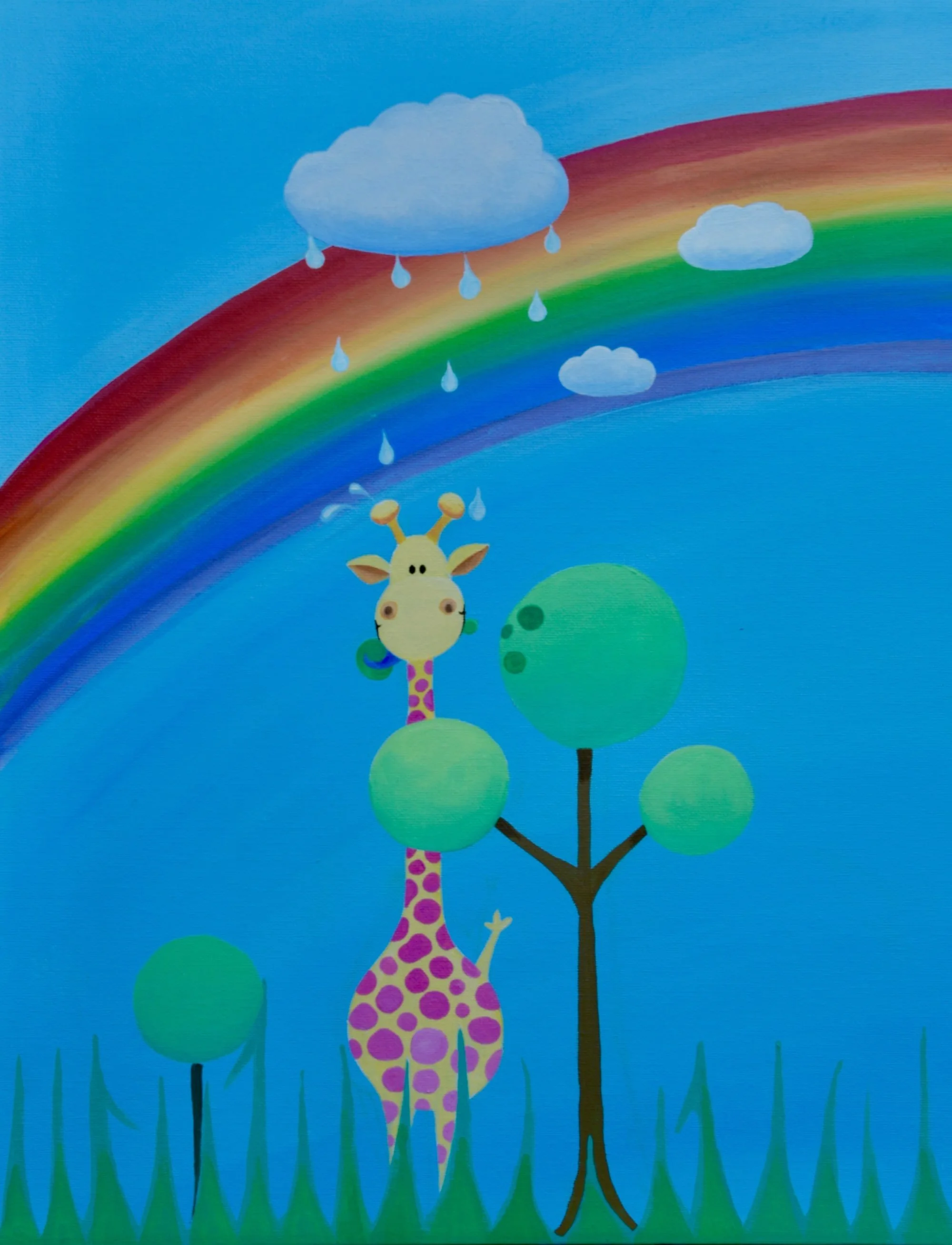 Colourful illustration of a giraffe beneath a rainbow and falling raindrops by Fiona Ison.