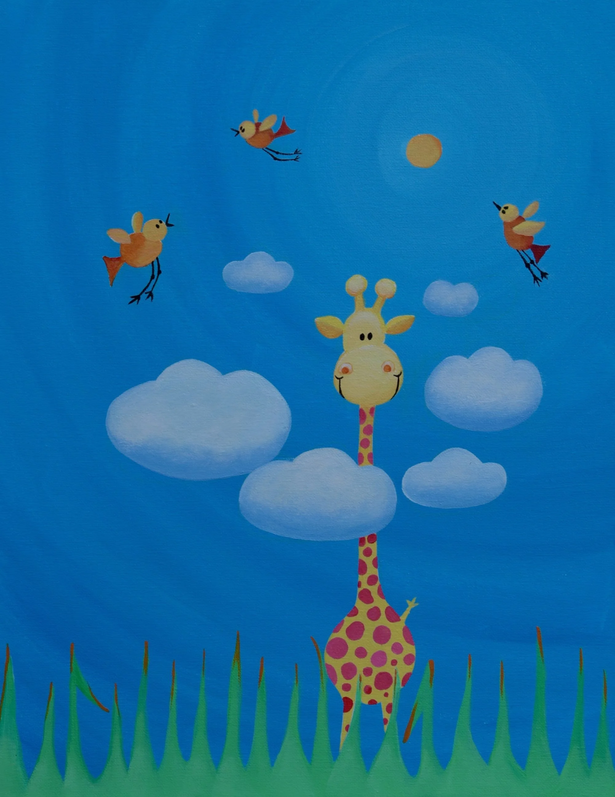 Colourful illustration of a giraffe reaching through the clouds as birds fly overhead by Fiona Ison.
