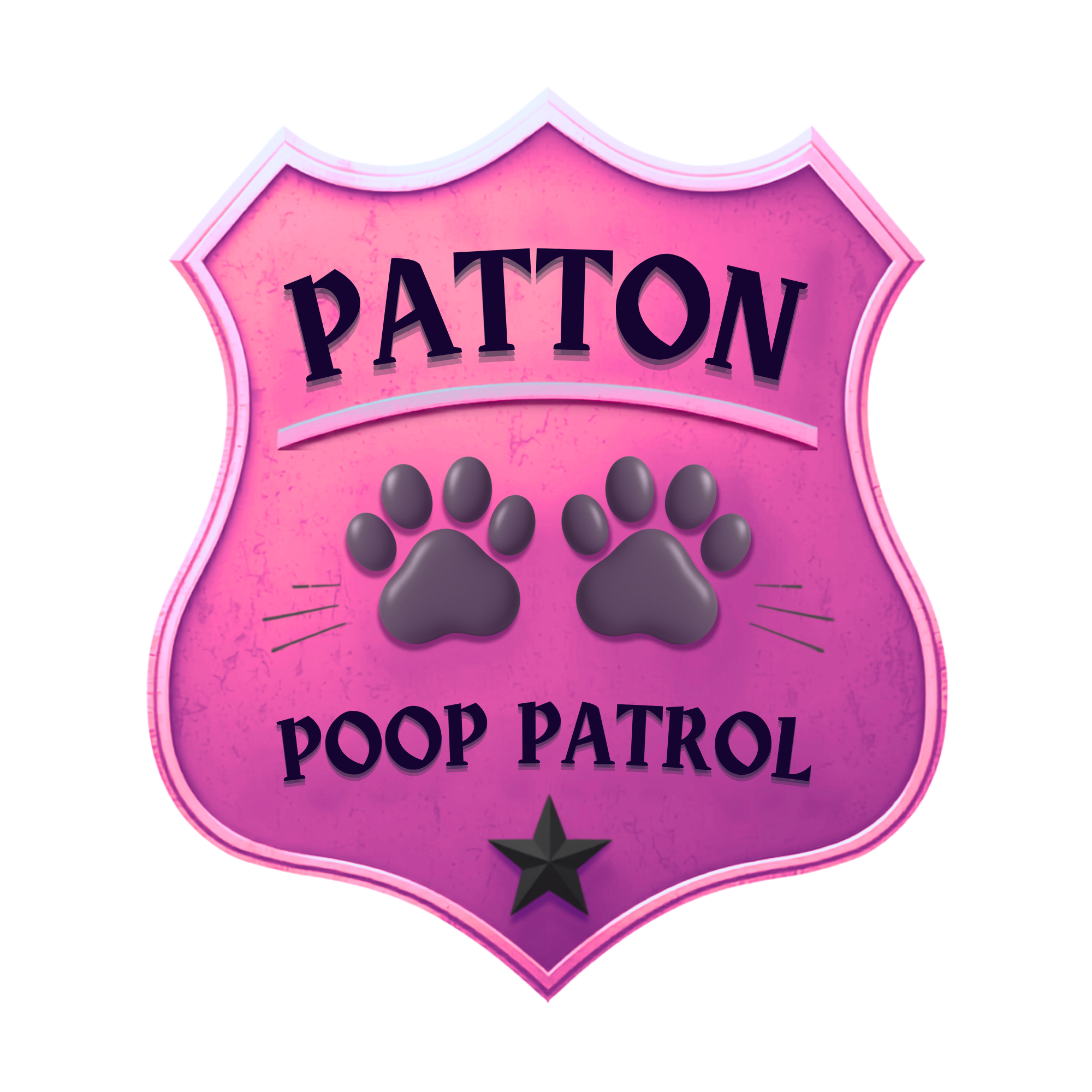 Pink badge with the words 'Poop Patrol' and a black paw print with a star at the bottom.