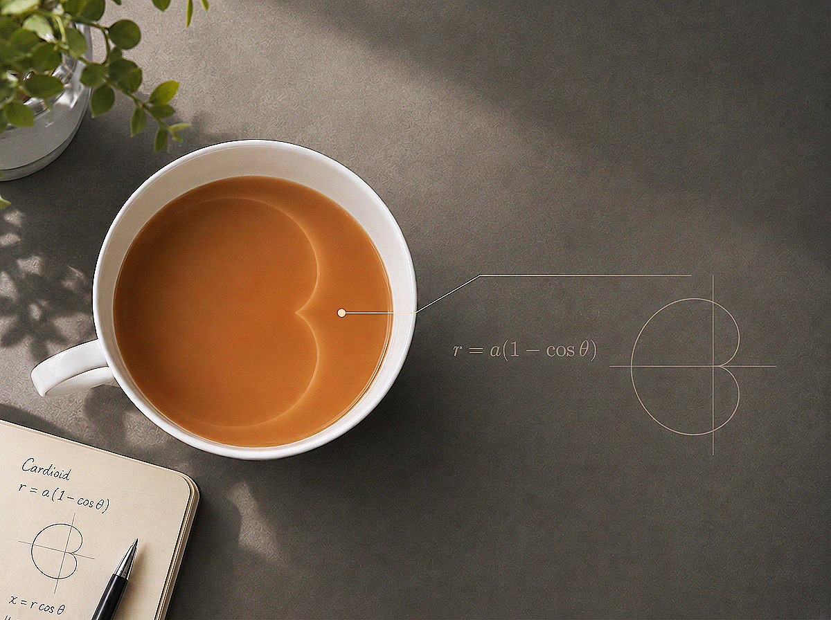 Cardioid-shaped curve of light in a cup of tea, connected to its polar equation.