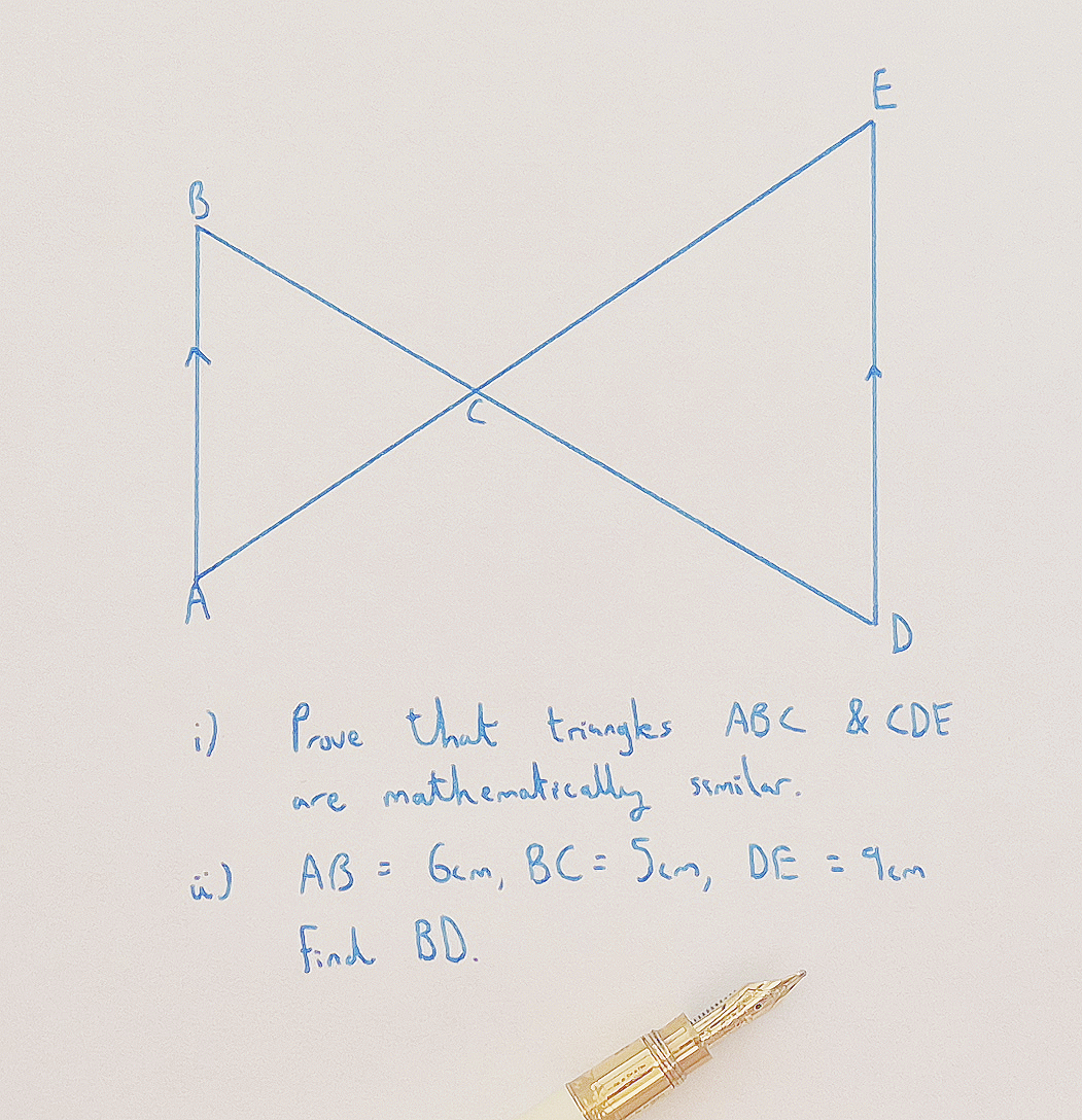Handwritten GCSE geometry question asking students to prove two triangles are similar and calculate a missing length.
