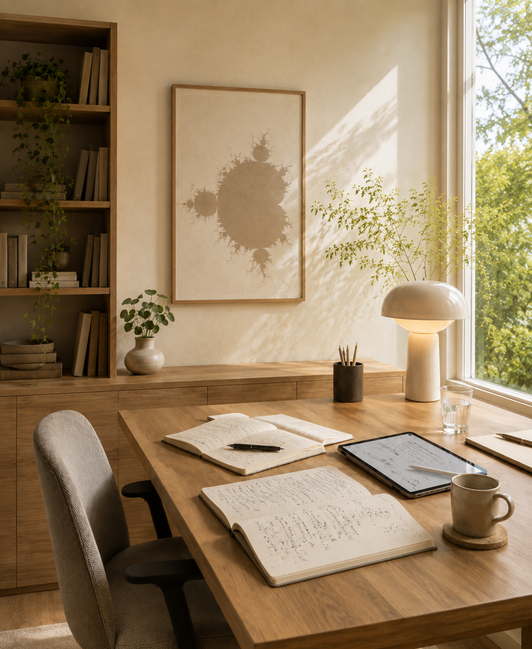 Calm, sunlit mathematics workspace with handwritten notes, books and a tablet.