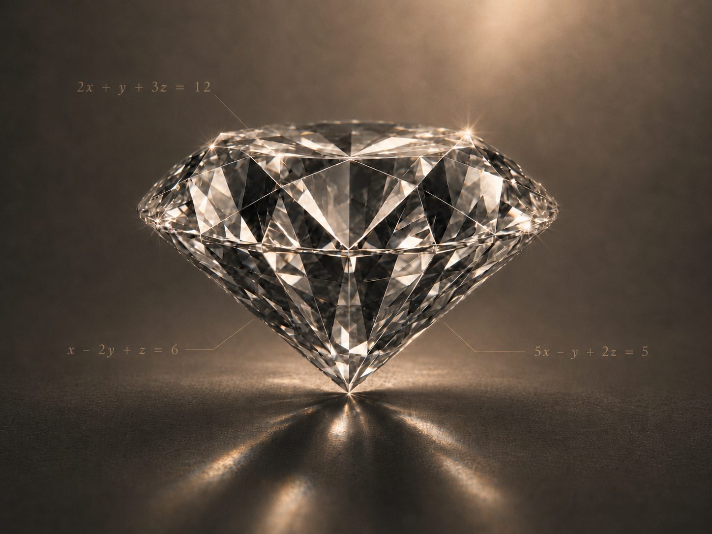 Luminous cut diamond with equations of planes connected to several of its facets.