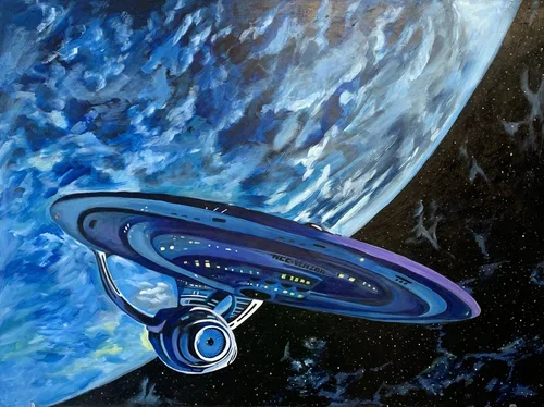 Futuristic spacecraft orbiting a planet in space.