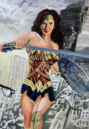 Painting of Wonder Woman holding a sword and shield over a cityscape background.
