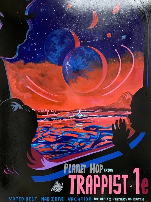 Silhouettes of two children looking at a colorful, futuristic space scene with planets and moons, with text promoting the game 'Planet Hop from Trappist 1'.