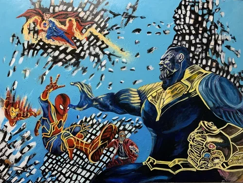 A graffiti-style mural featuring Marvel superheroes Spider-Man, Iron Spider, Iron Man, and Black Panther engaged in combat against Thanos with the Infinity Gauntlet, set against a blue background with abstract black and white elements.