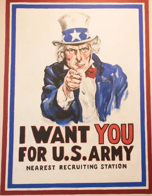 Illustration of Uncle Sam pointing forward, wearing a hat with stars and stripes, with bold text reading "I WANT YOU FOR U.S. ARMY" and additional smaller text "NEAREST RECRUITING STATION".