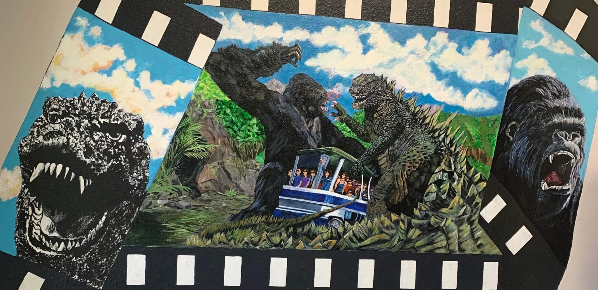 Colorful painting of a monster truck attack with Godzilla-like creatures on a blue sky background, surrounded by jagged mountain terrain, with a black-and-white leopard's face on the left and a roaring black bear on the right, set within a filmstrip 