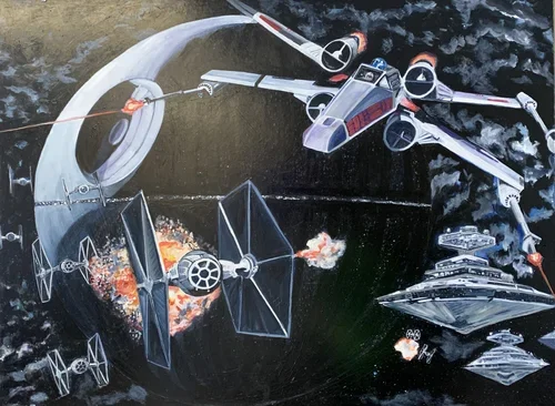A space battle scene featuring X-Wing starfighters and TIE fighters engaging in combat near a large space station and enemy ships, with explosions and laser fire.