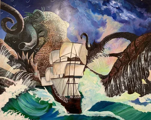 A painting of a sailing ship caught between a fierce sea monster and a large sea creature with an elephant-like head, with stormy skies overhead.