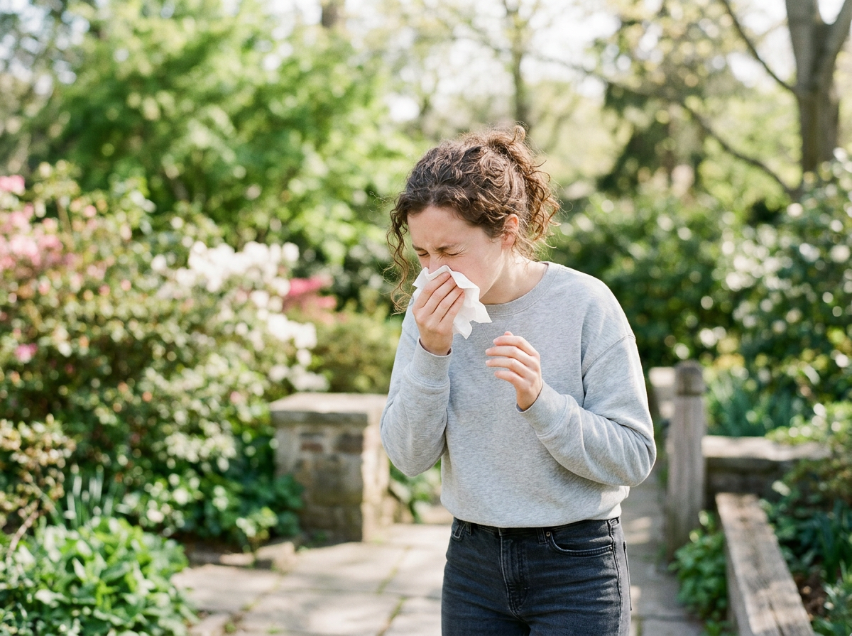 A woman with curly hair wearing a gray sweatshirt and black jeans is outdoors, sneezing into a tissue, surrounded by lush green foliage and flowering bushes.