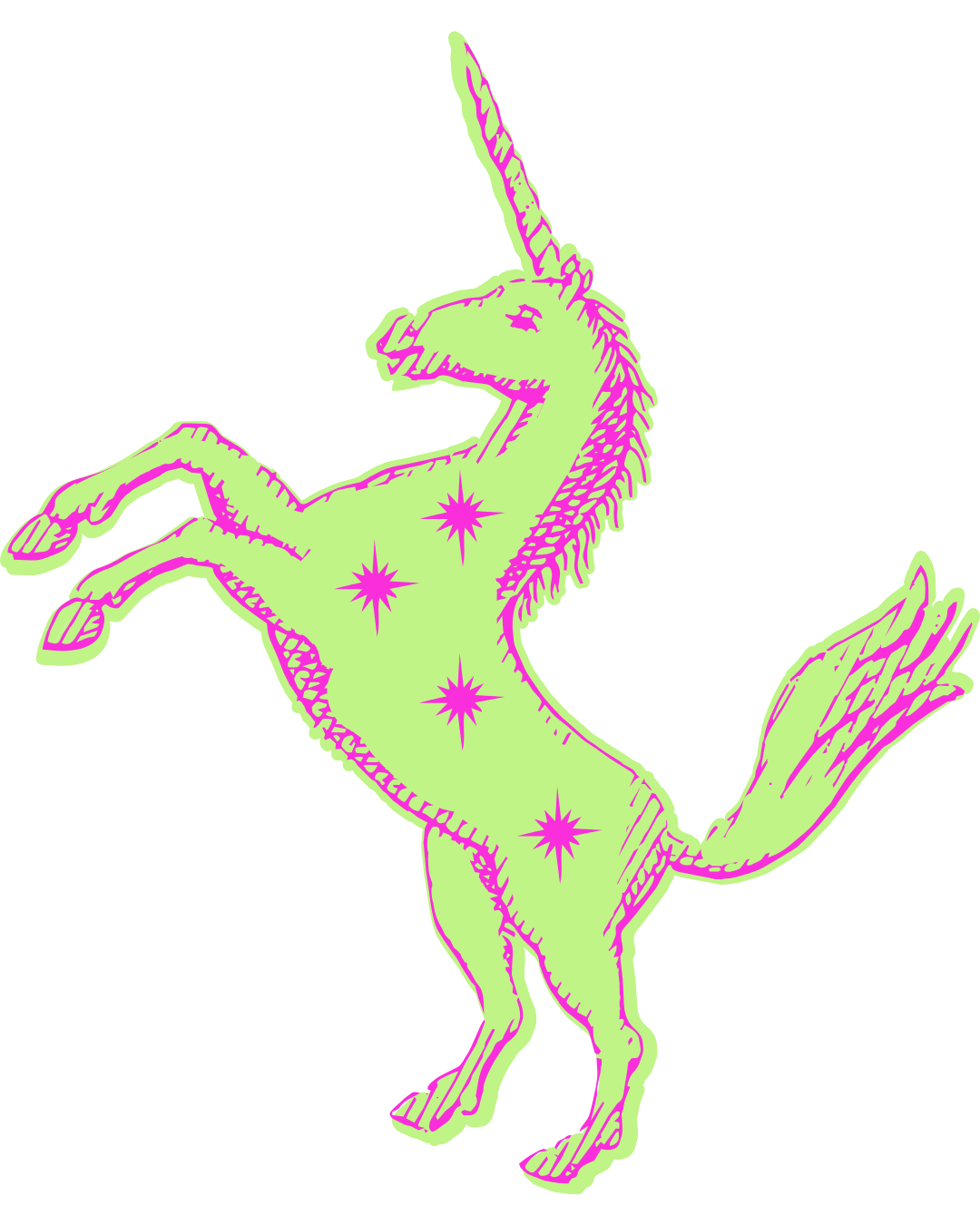 Green and pink illustrated unicorn rearing on its hind legs, dark background