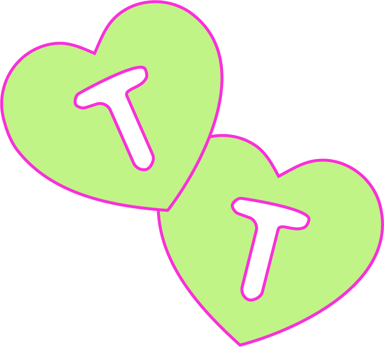 Two green heart shapes with the letter T, overlaid on a photo and purple star-patterned background