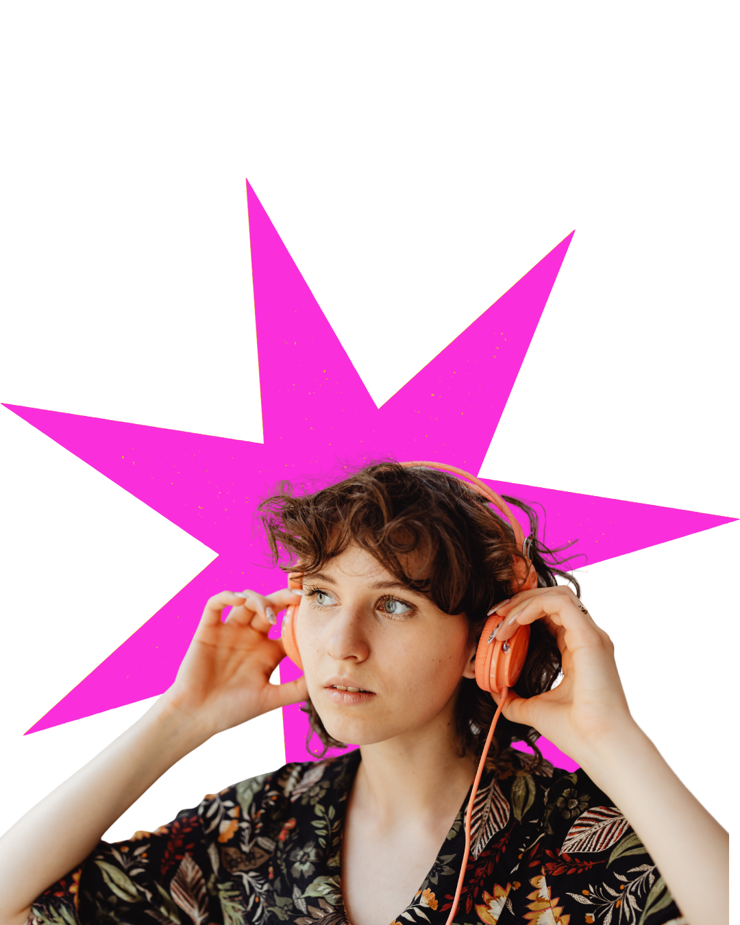 Woman with curly hair putting on orange headphones, pink starburst background