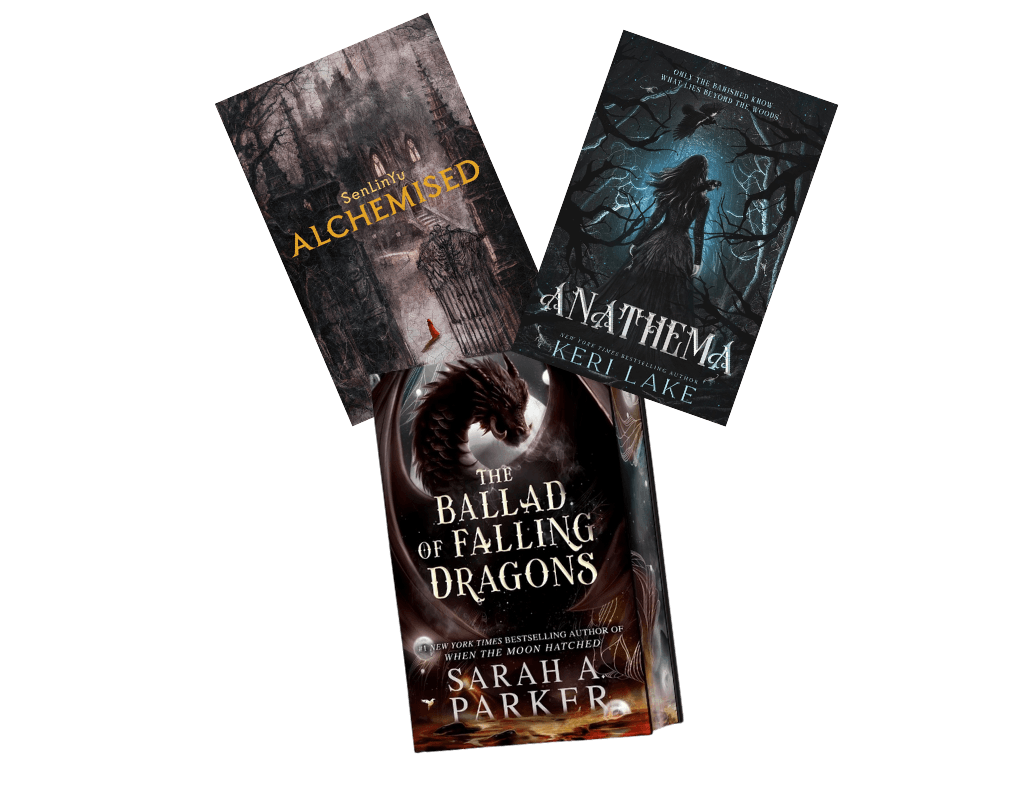 Three fantasy book covers arranged in a fan display: Alchemised by SenLinYu, Anathema by Keri Lake, and The Ballad of Falling Dragons by Sarah A. Parker.