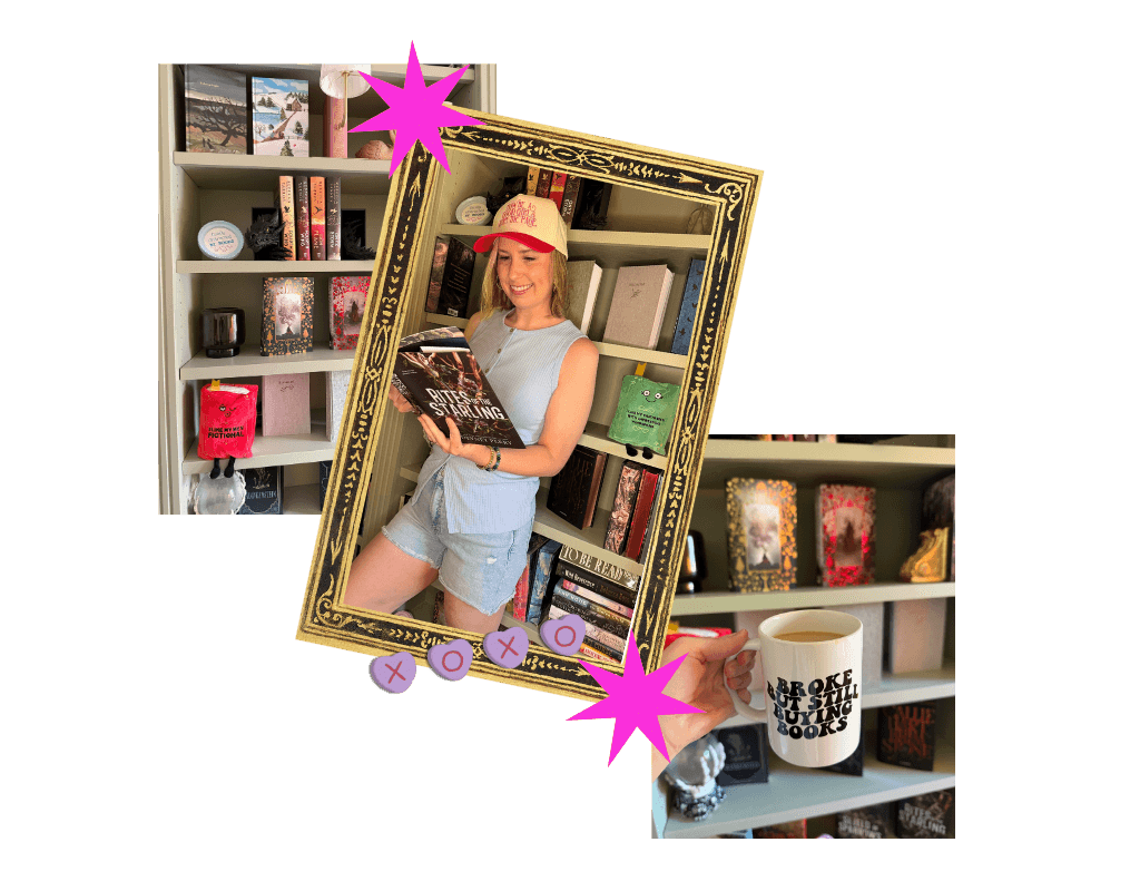 Collage of Trope Trailer's owner smiling and holding the book 'Bitter Starling' in a decorative gold frame, with bookshelves and a mug reading 'Broke but Still Buying Books' in the background