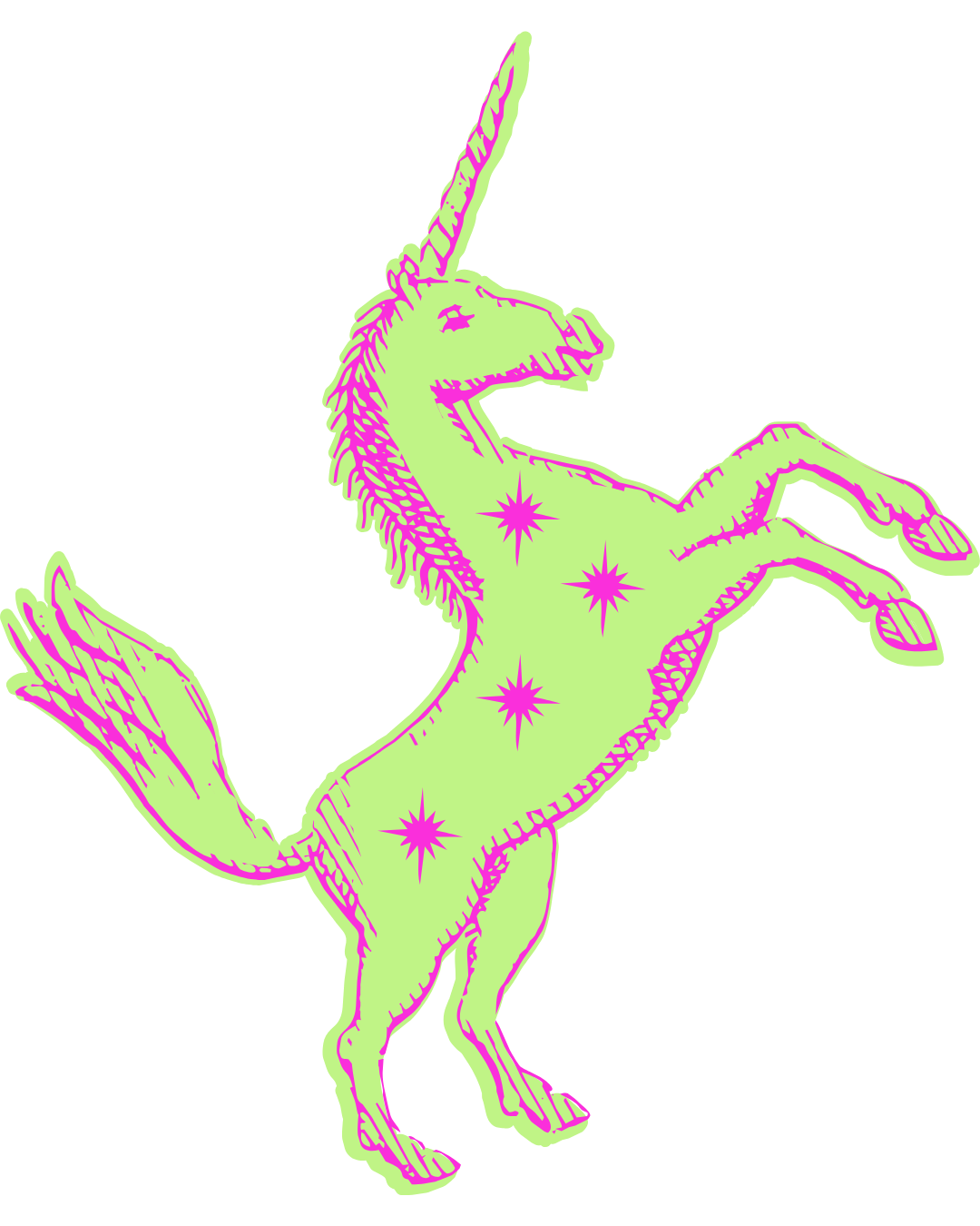 Green and pink illustrated unicorn rearing on its hind legs, dark background