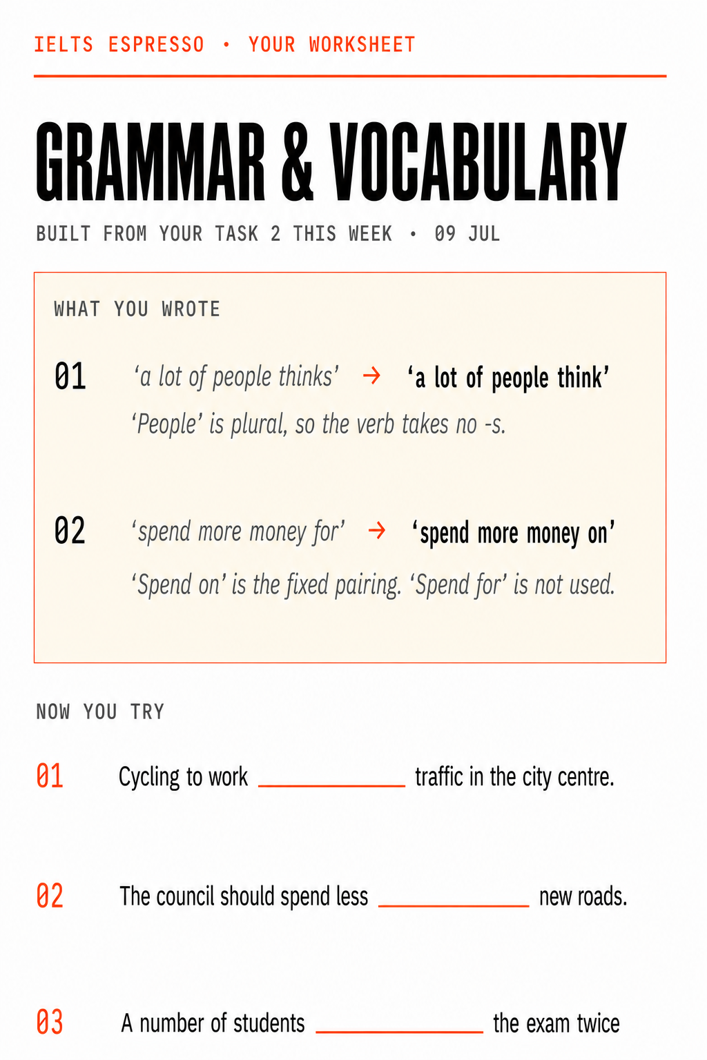 Personalised IELTS worksheet built from a student's own Task 2 and Speaking Part 3 mistakes