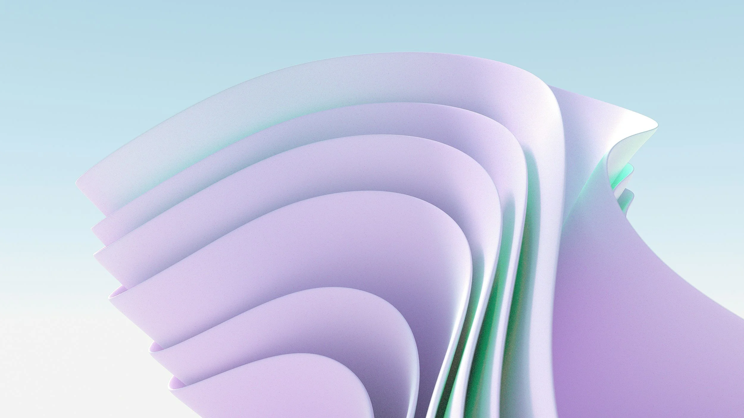 Close-up of the abstract design featuring overlapping white, purple, and green layered shapes against a light blue background.