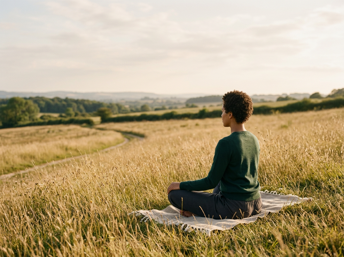 A person sitting cross-legged on a blanket in a grassy field, facing away, during sunset or sunrise, with rolling hills and trees in the background.