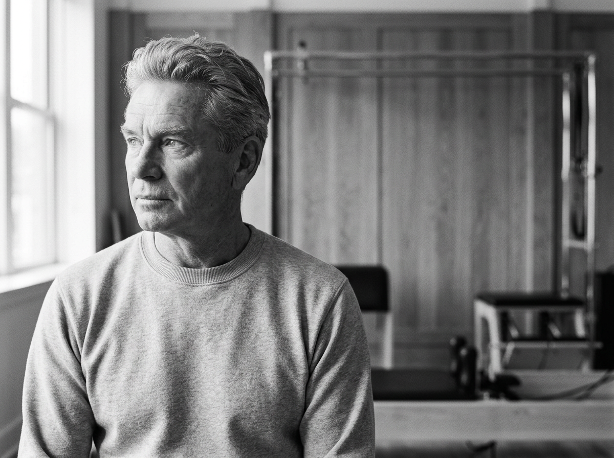 Black and white photo of an older man with gray hair looking out a window in a room with wooden walls, a chair, and a piece of equipment in the background.