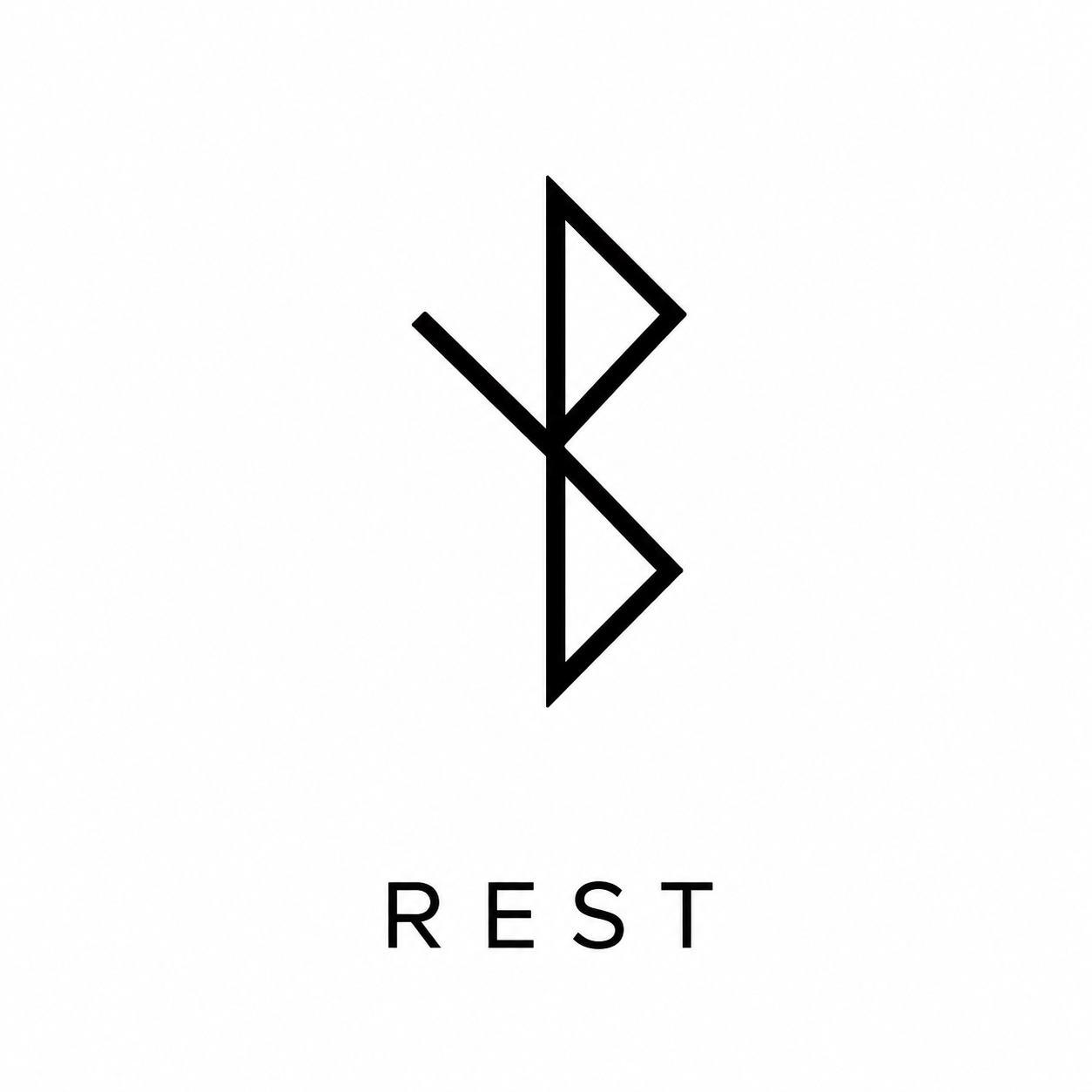 Black geometric Bluetooth symbol with the word "REST" underneath on a white background.