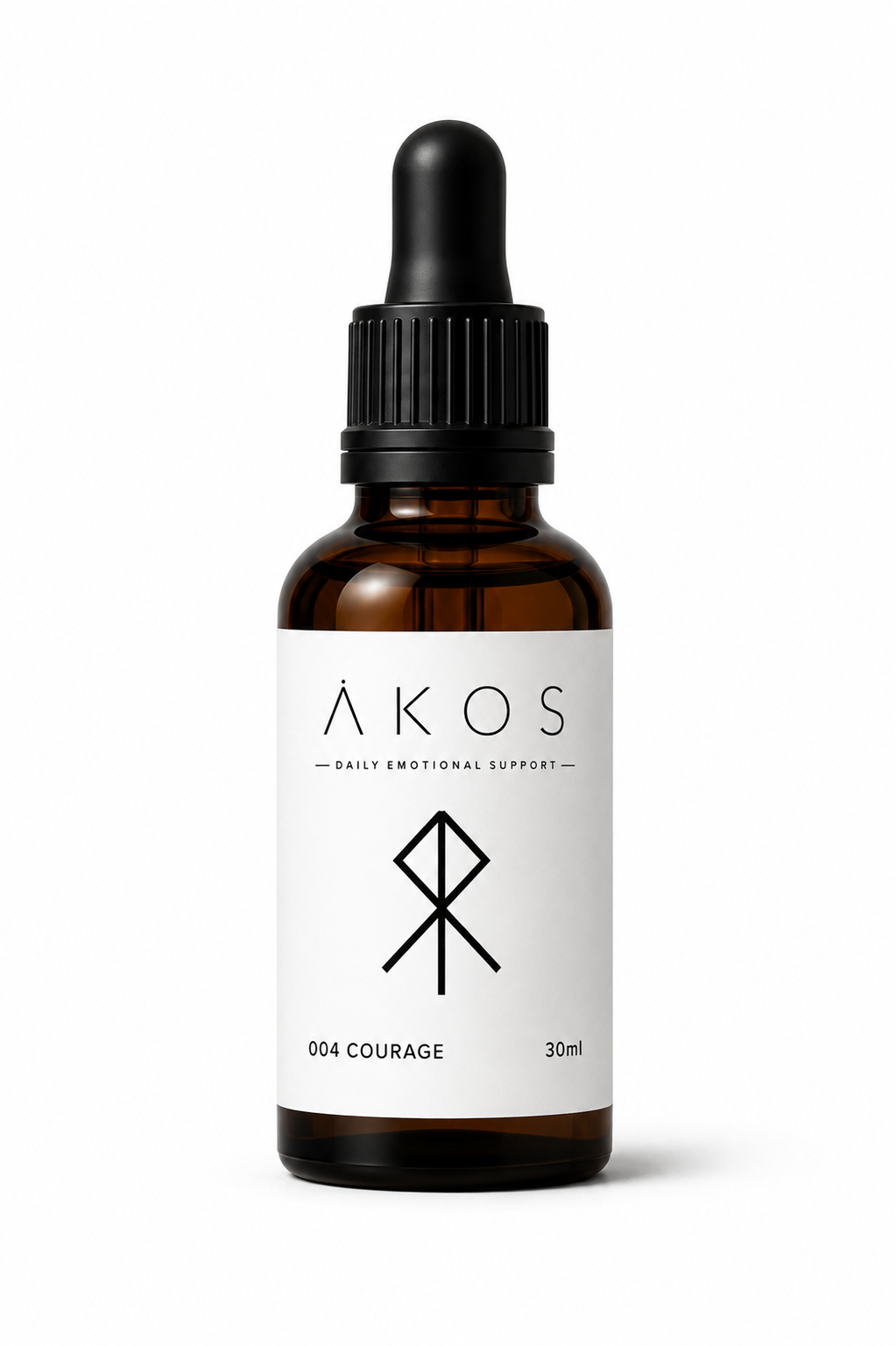 A brown glass dropper bottle labeled ÅKOS, Daily Emotional Support, with a black dropper cap, and the label indicating it is called Courage, 30ml.