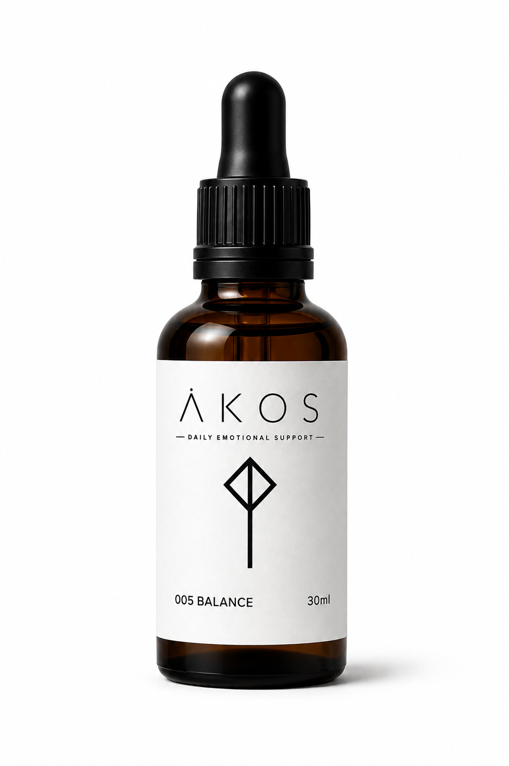 A brown glass dropper bottle labeled 'ÅKOS Daily Emotional Support, 005 Balance, 30ml' with a black dropper cap on a white background.