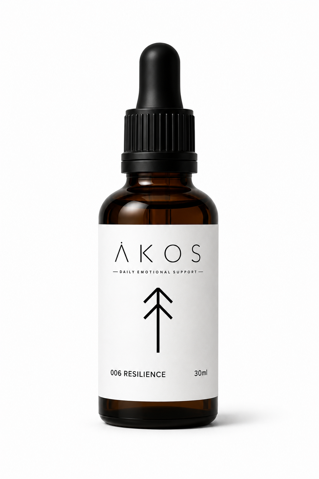 An amber glass dropper bottle with a black cap and a white label featuring a minimalistic black arrow design, labeled 'ÅKOS Daily Emotional Support 006 Resilience 30ml'.
