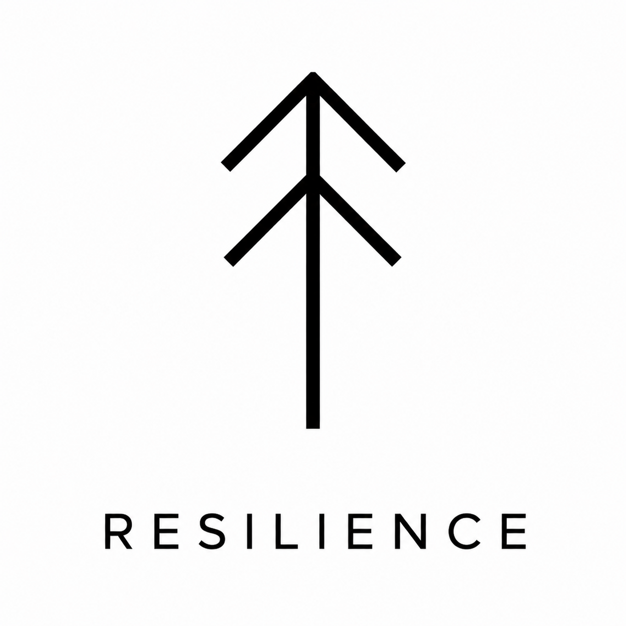 A minimalistic black and white logo with an arrow formed by three lines arranged in a tree-like shape and the word 'RESILIENCE' below in uppercase letters.