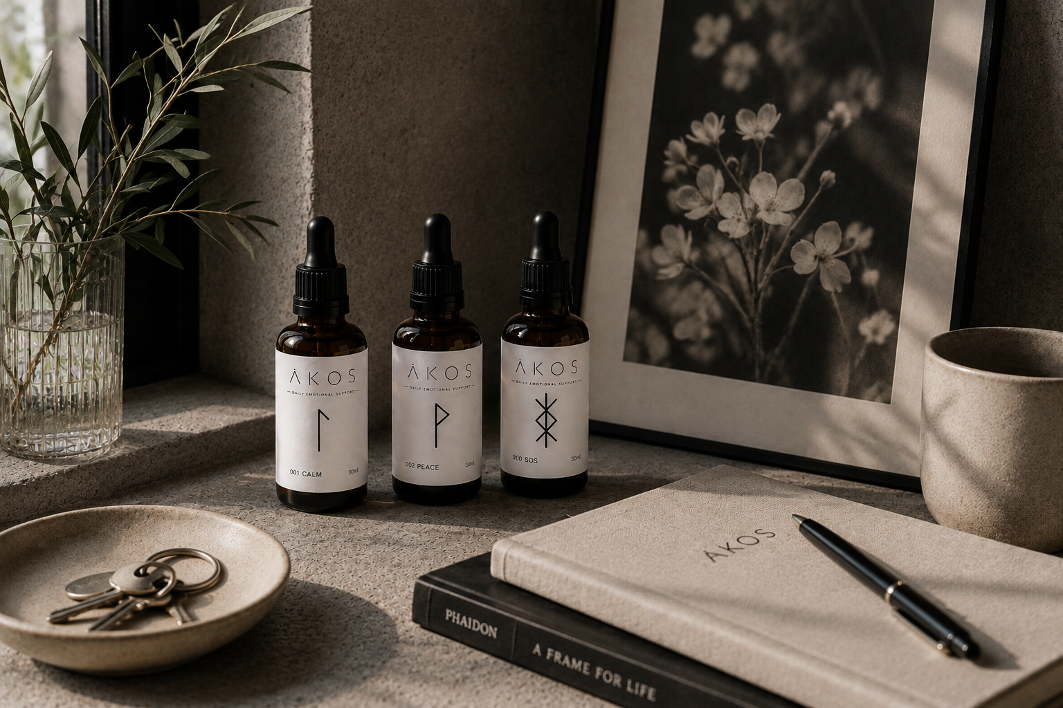 A desk with three brown glass bottles labeled 'AKOS' with symbols and titles 'Calm,' 'Peace,' and 'SOS,' next to a framed black-and-white floral photograph, a notebook with 'AKOS' on the cover, a black pen, a small plate with keys, a glass vase with greenery, and a ceramic cup.