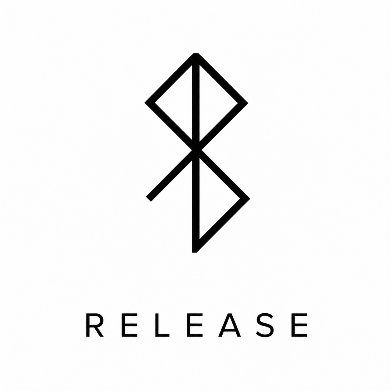 Black geometric symbol with the word 'RELEASE' underneath in uppercase letters.