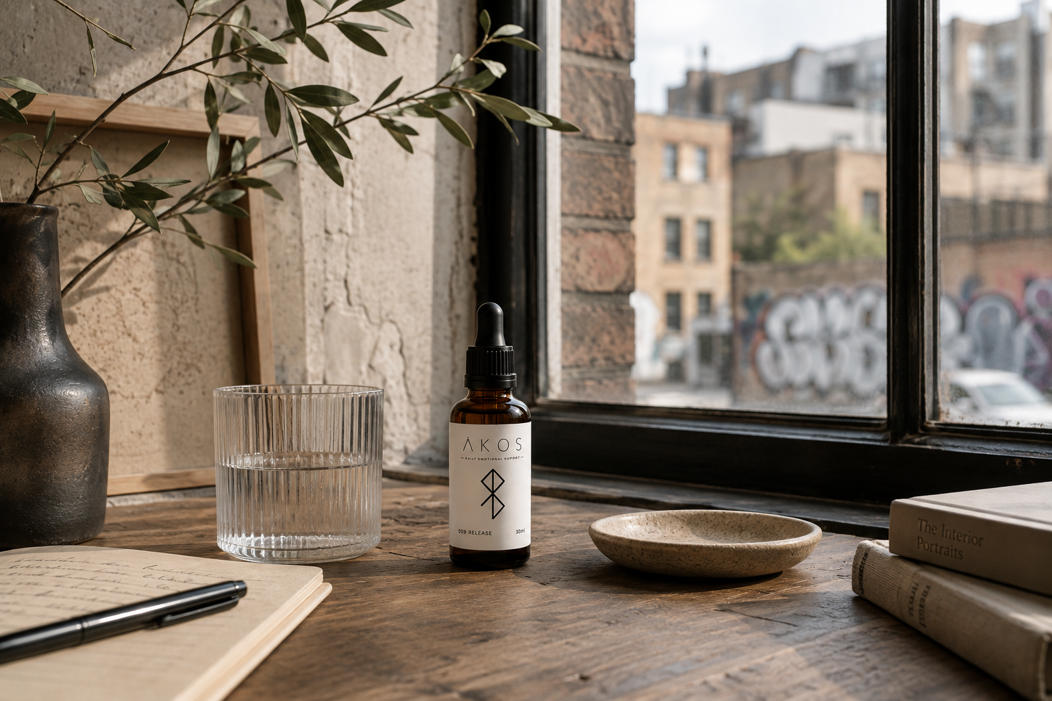 A wooden desk next to a window with a city view, holding a black vase with green leaves, a glass of water, a brown glass dropper bottle labeled 'AKOS', a beige ceramic dish, a closed book titled 'The Interior Portraits', and an open notebook with a black pen.